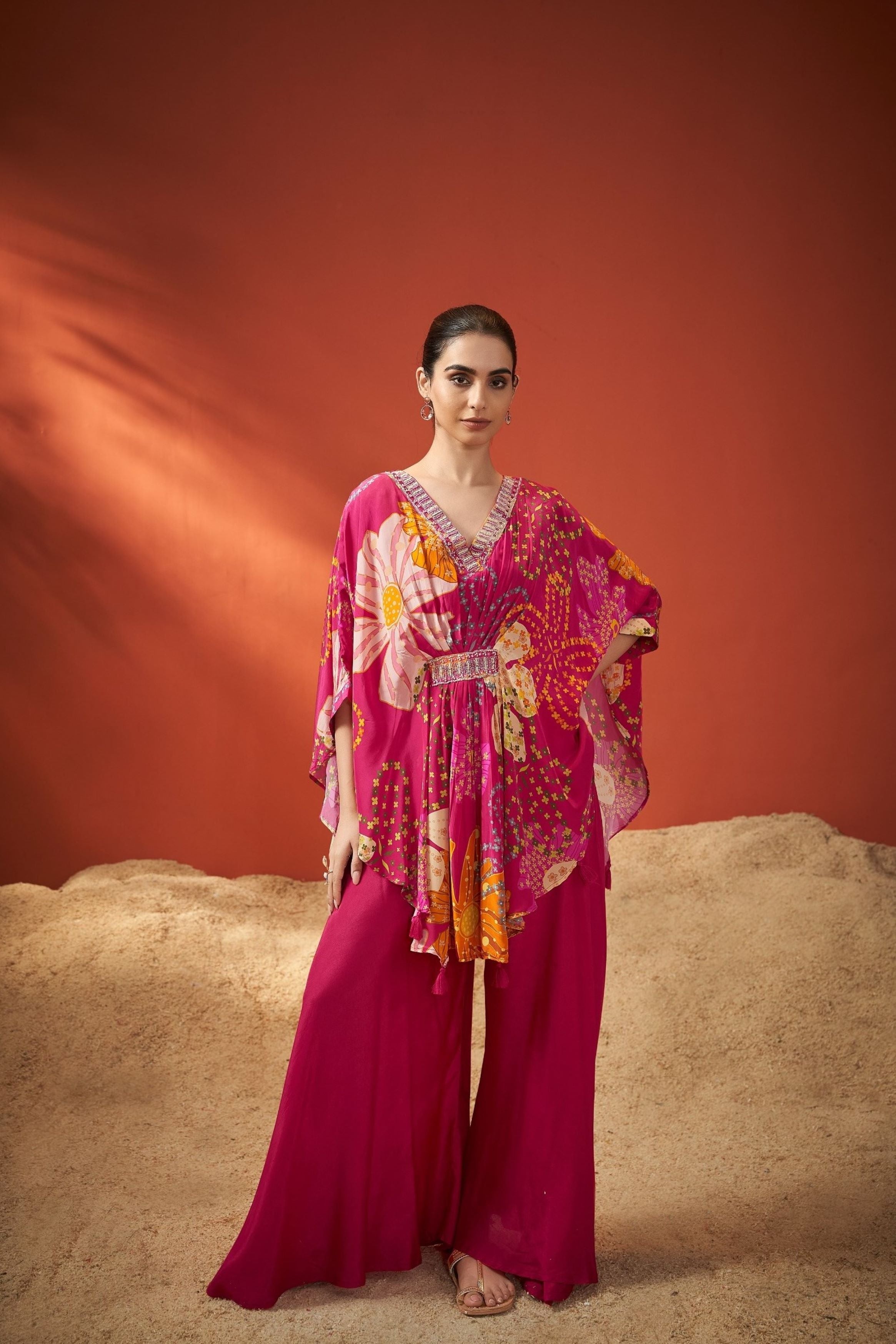 Pink Floral Printed Premium Silk Kaftan Set