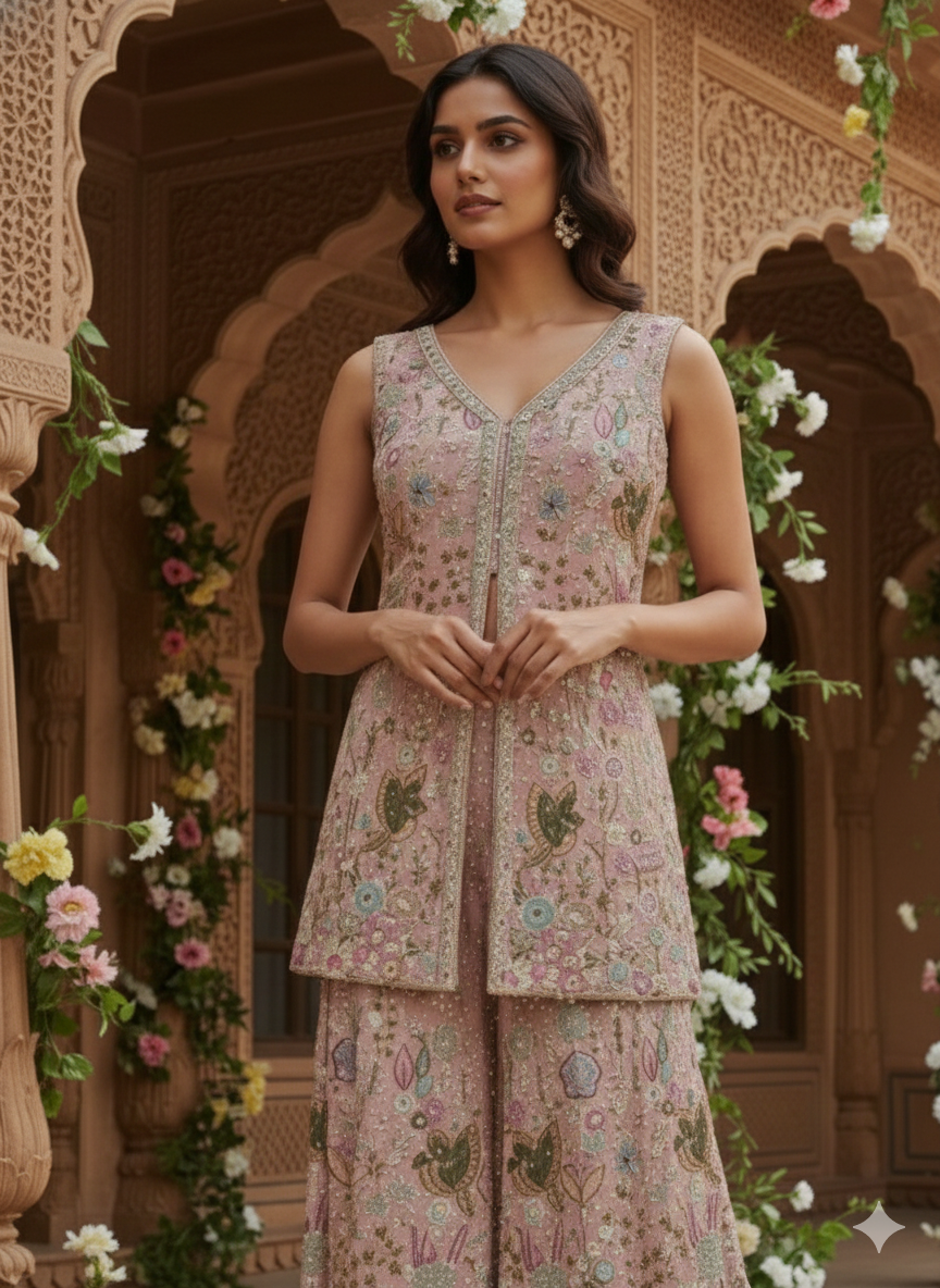 Blush Pink Embroidered Premium Silk Palazzo Set