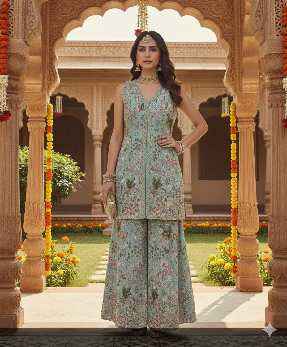 Baby Blue Embroidered Tissue Silk Palazzo Set