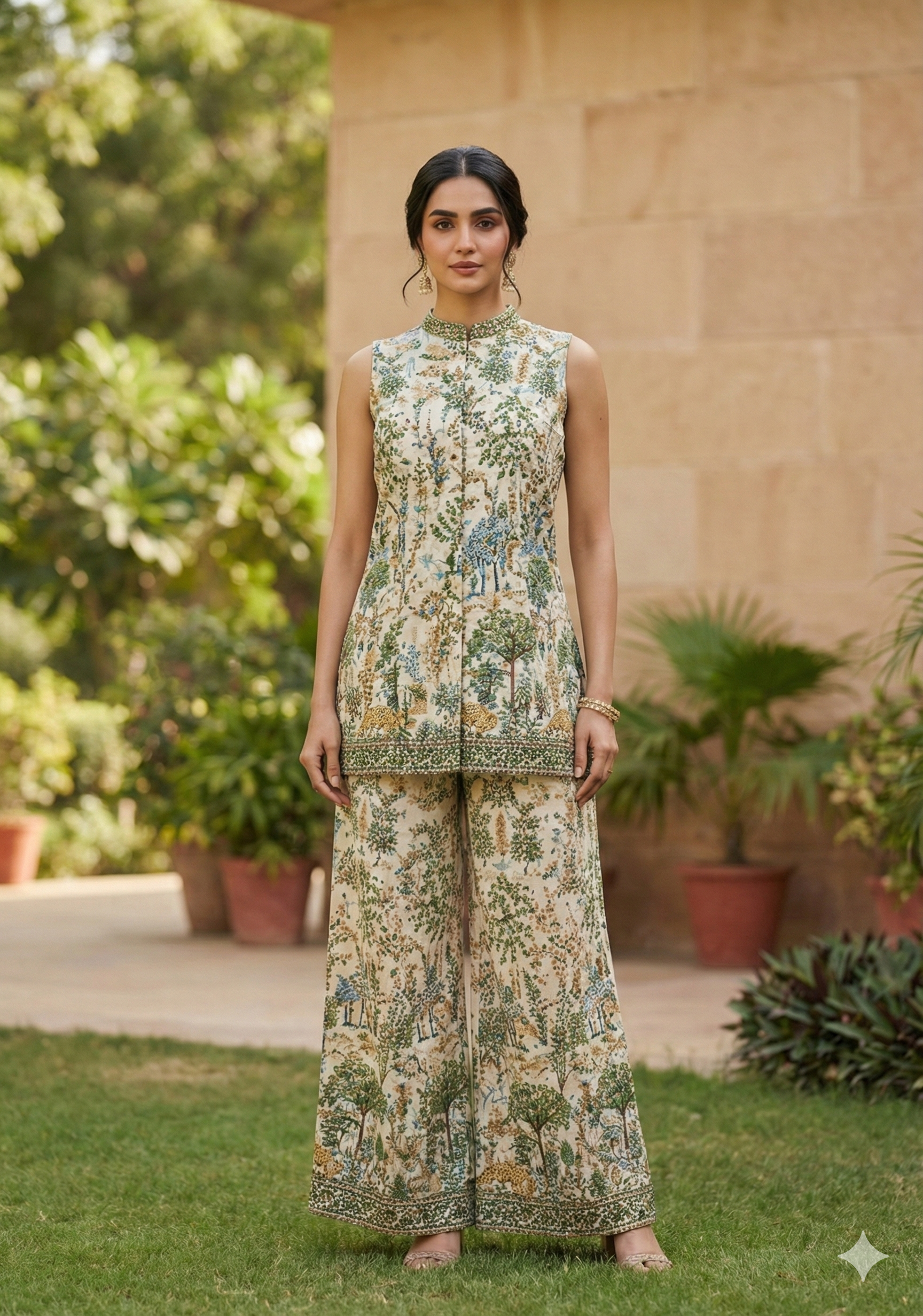 Cream Embroidered Tissue Silk Palazzo Set