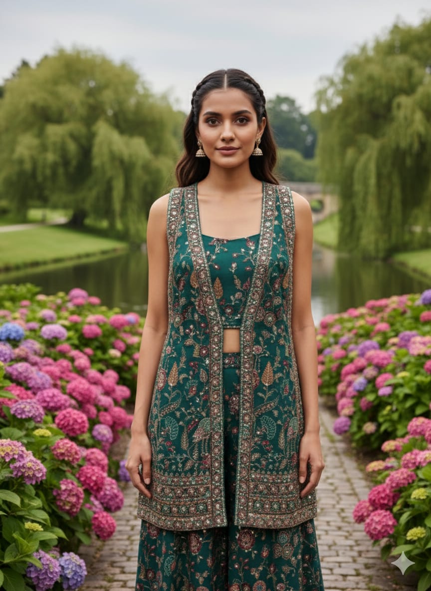 Teal Embroidered Premium Silk Palazzo Set