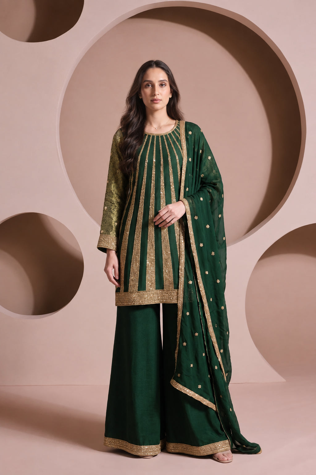 Bottle Green Embellished brocade Silk Palazzo Set