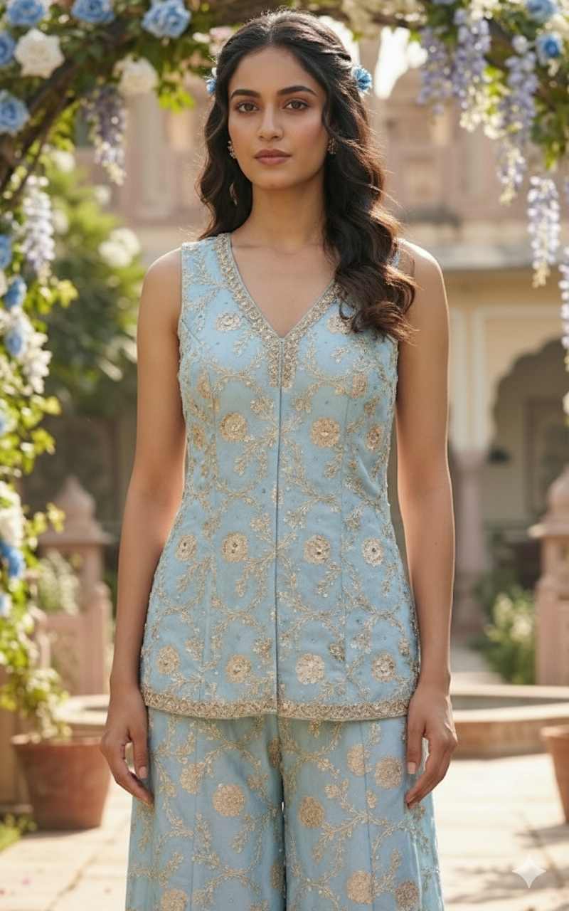 Powder Blue Embellished Georgette Silk Palazzo Set