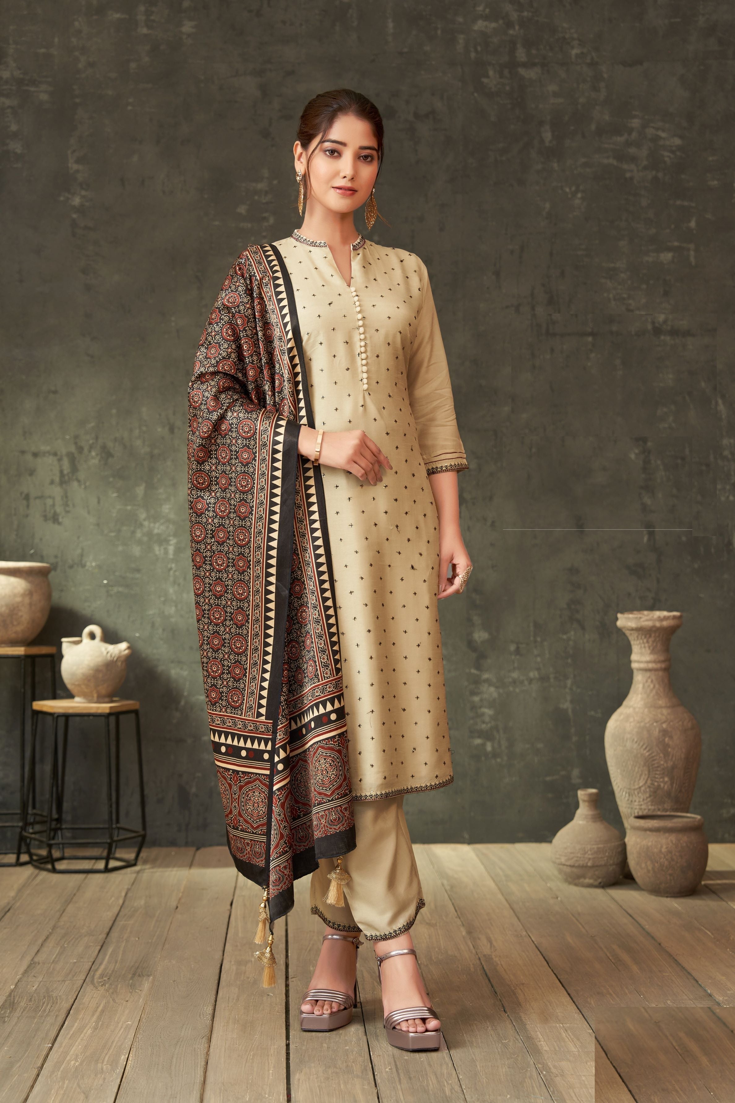 Beige Traditional Printed Raw Silk Pants Set