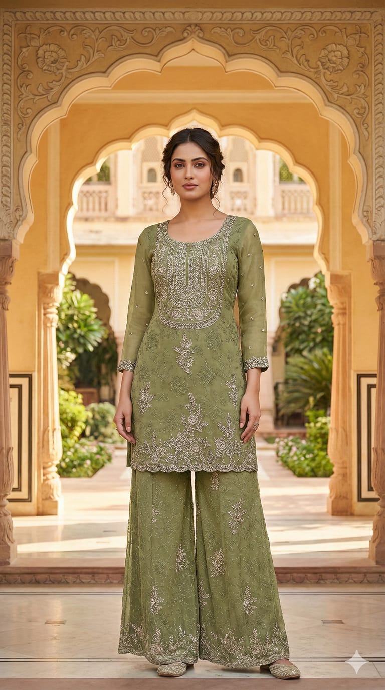 Olive Green Embellished Georgette Silk Palazzo Set