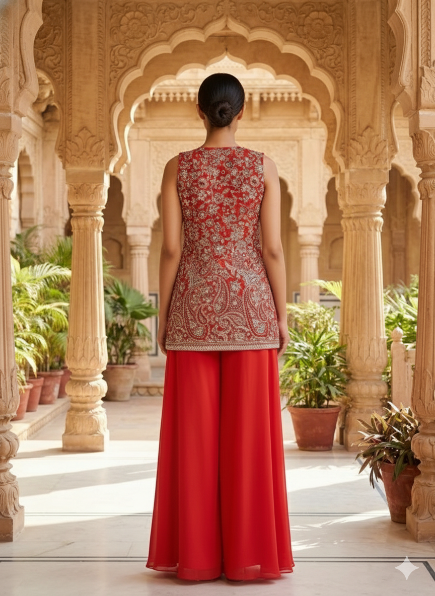 Red Embellished Georgette Silk Palazzo Set