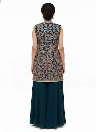Dark Teal Embellished Georgette Silk Palazzo Set