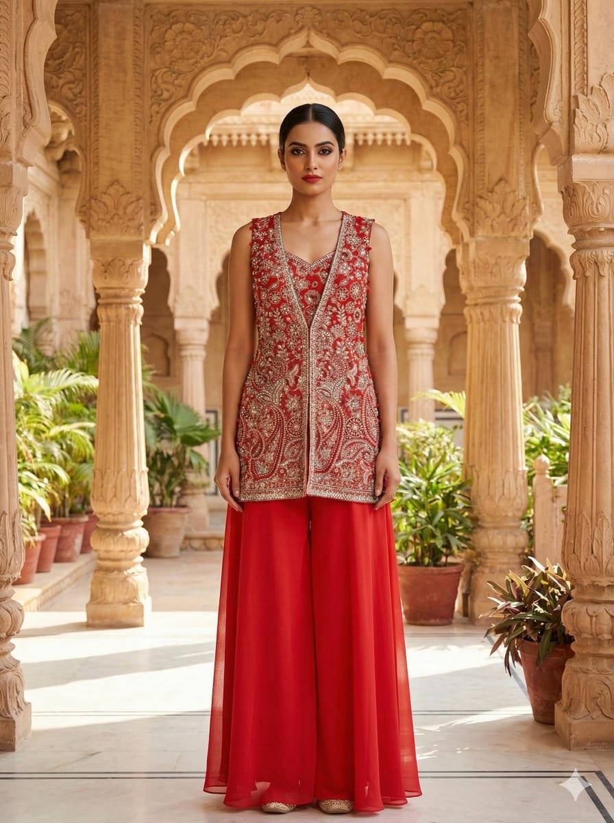 Red Embellished Georgette Silk Palazzo Set