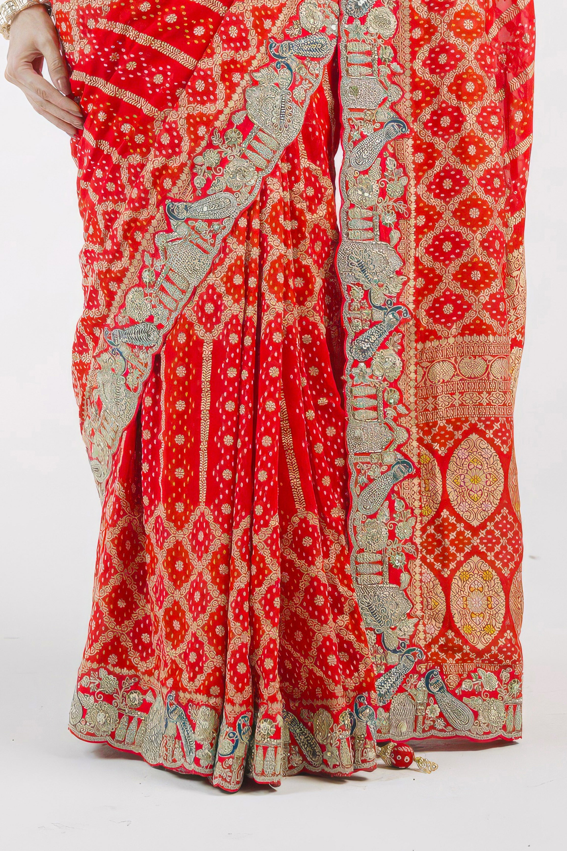 Bright Red Embellished Banarasi Silk Saree