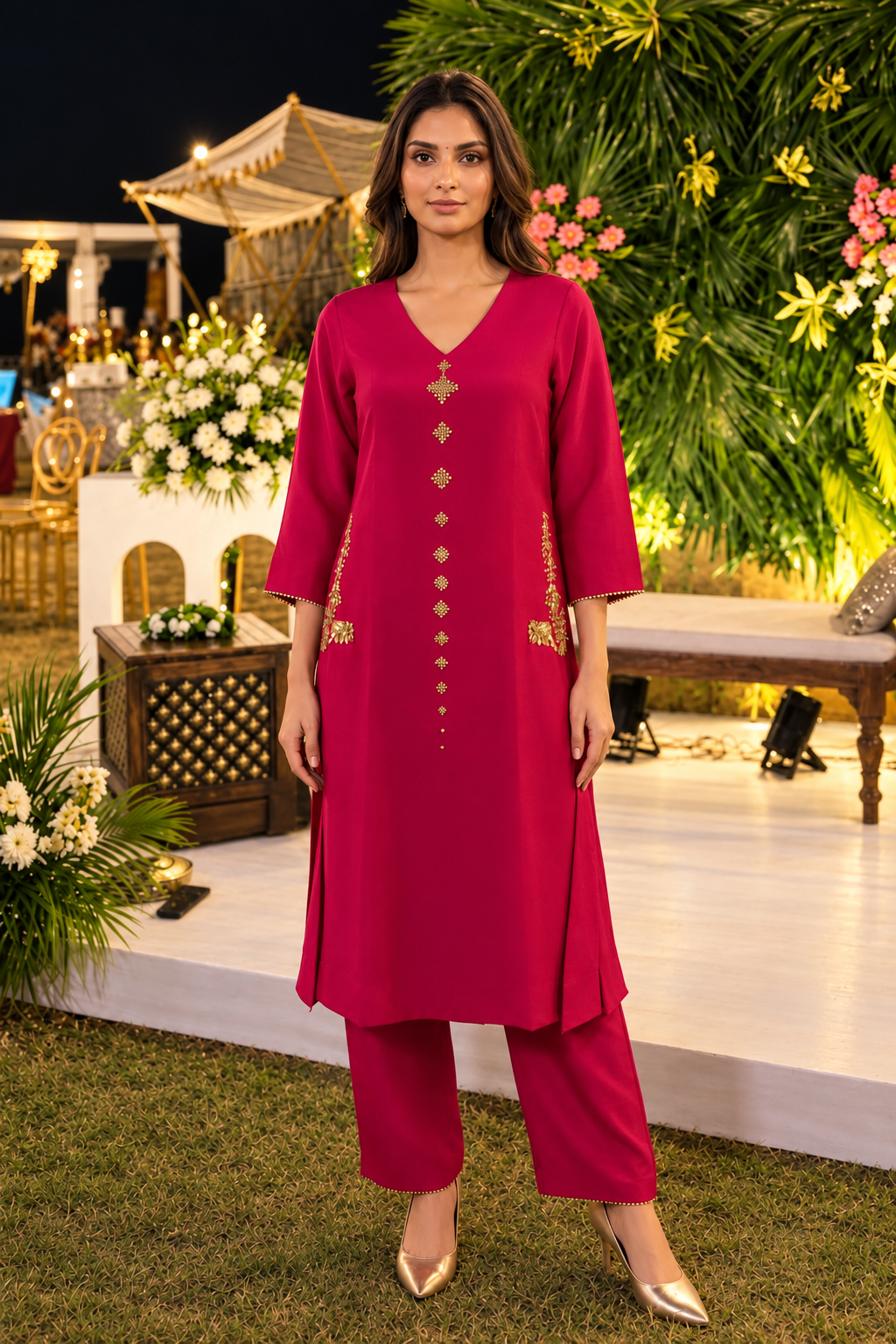 Bright Fuchsia Embellished Crepe Silk Pant Set