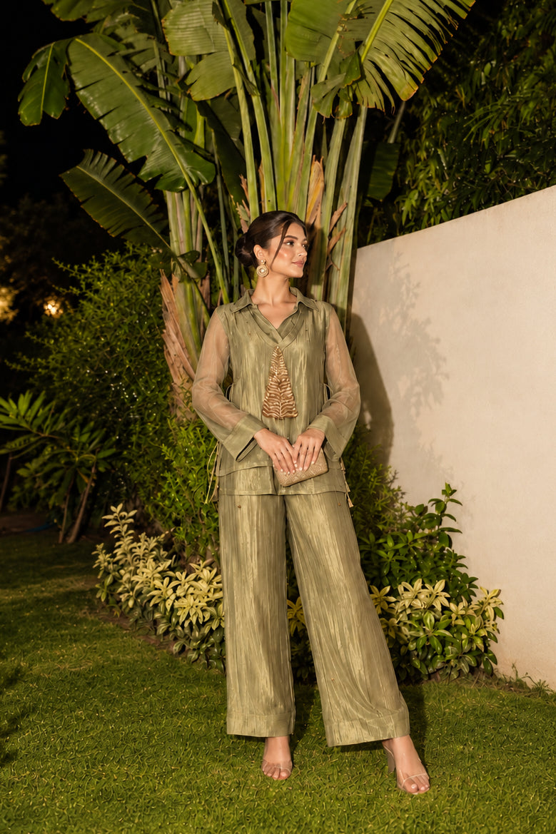 Light Green Embellished Shimmer Tissue Silk Co-Ord Set