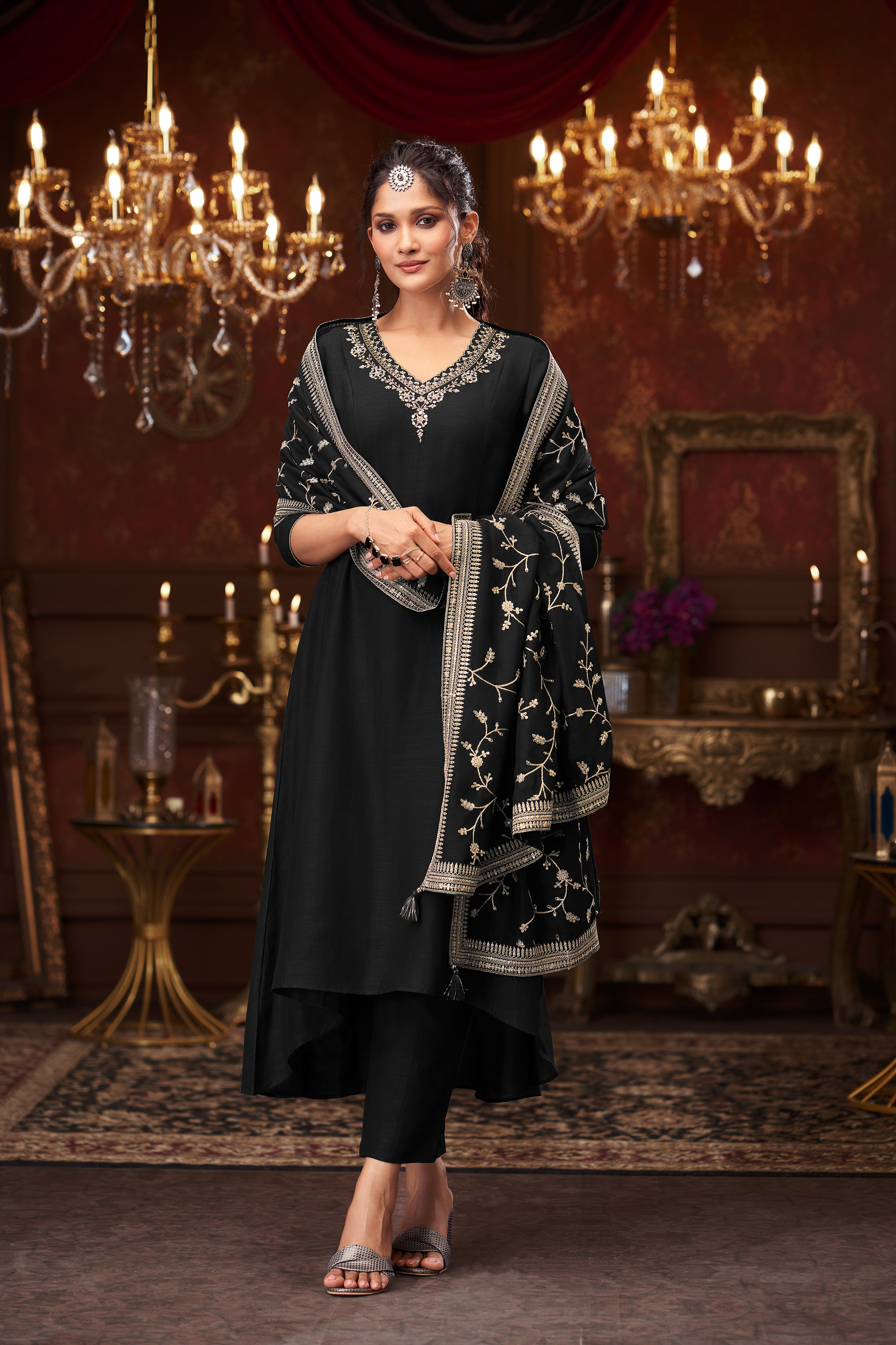 Classic Black Embellished Premium Silk Pant Set