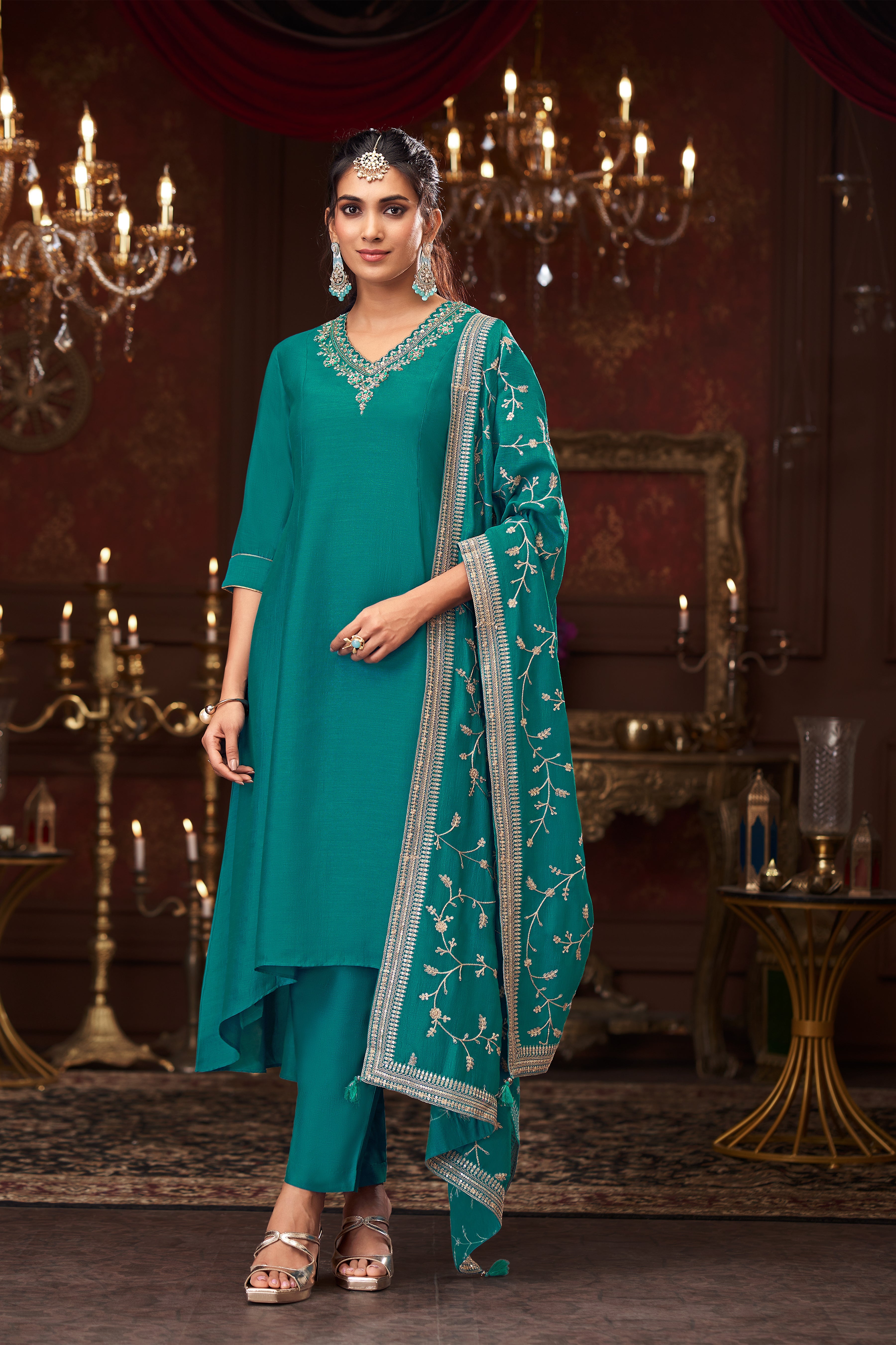 Classic Teal Embellished Premium Silk Pant Set