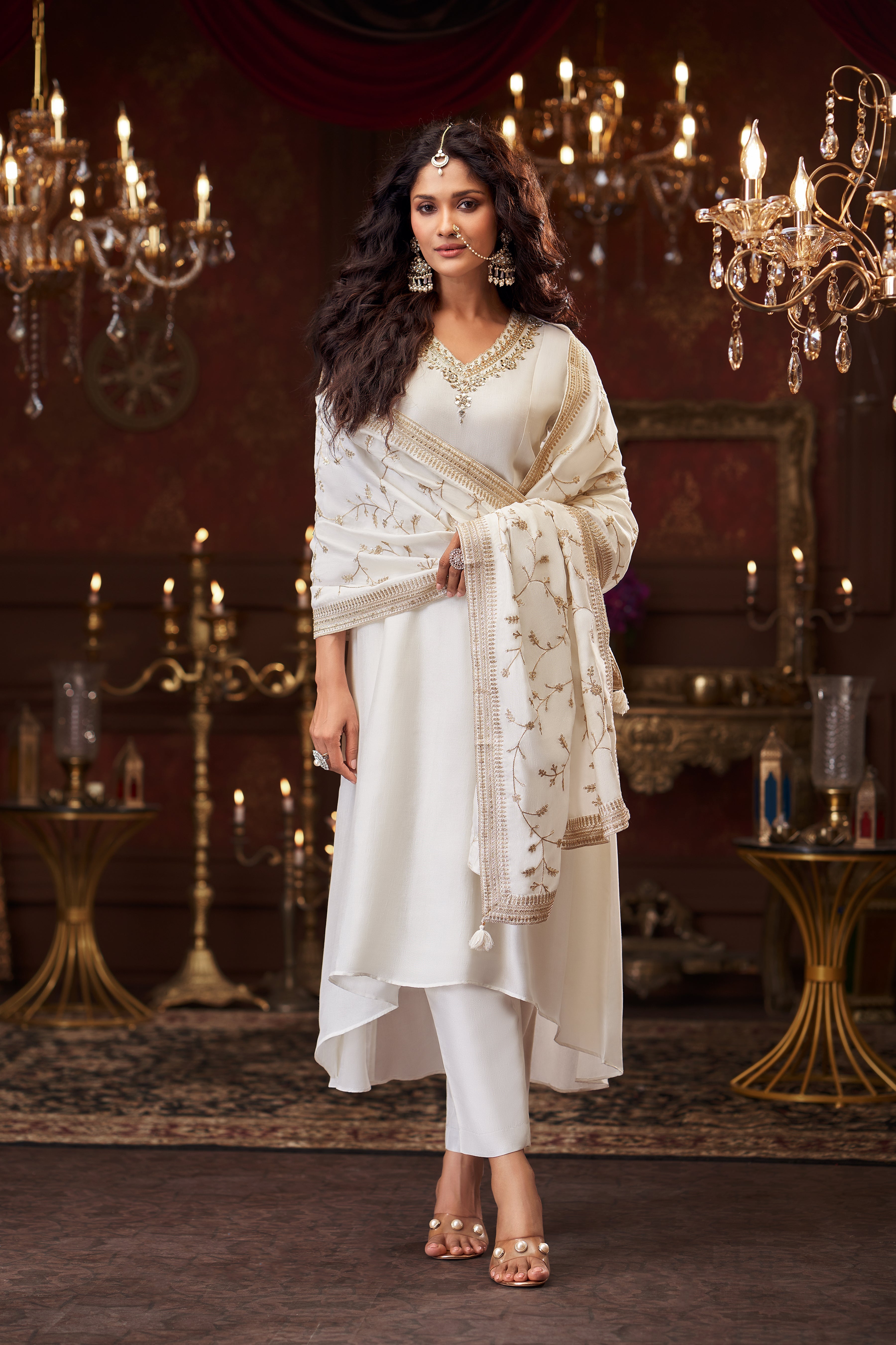 Soft Ivory Printed Premium Silk Pant Set