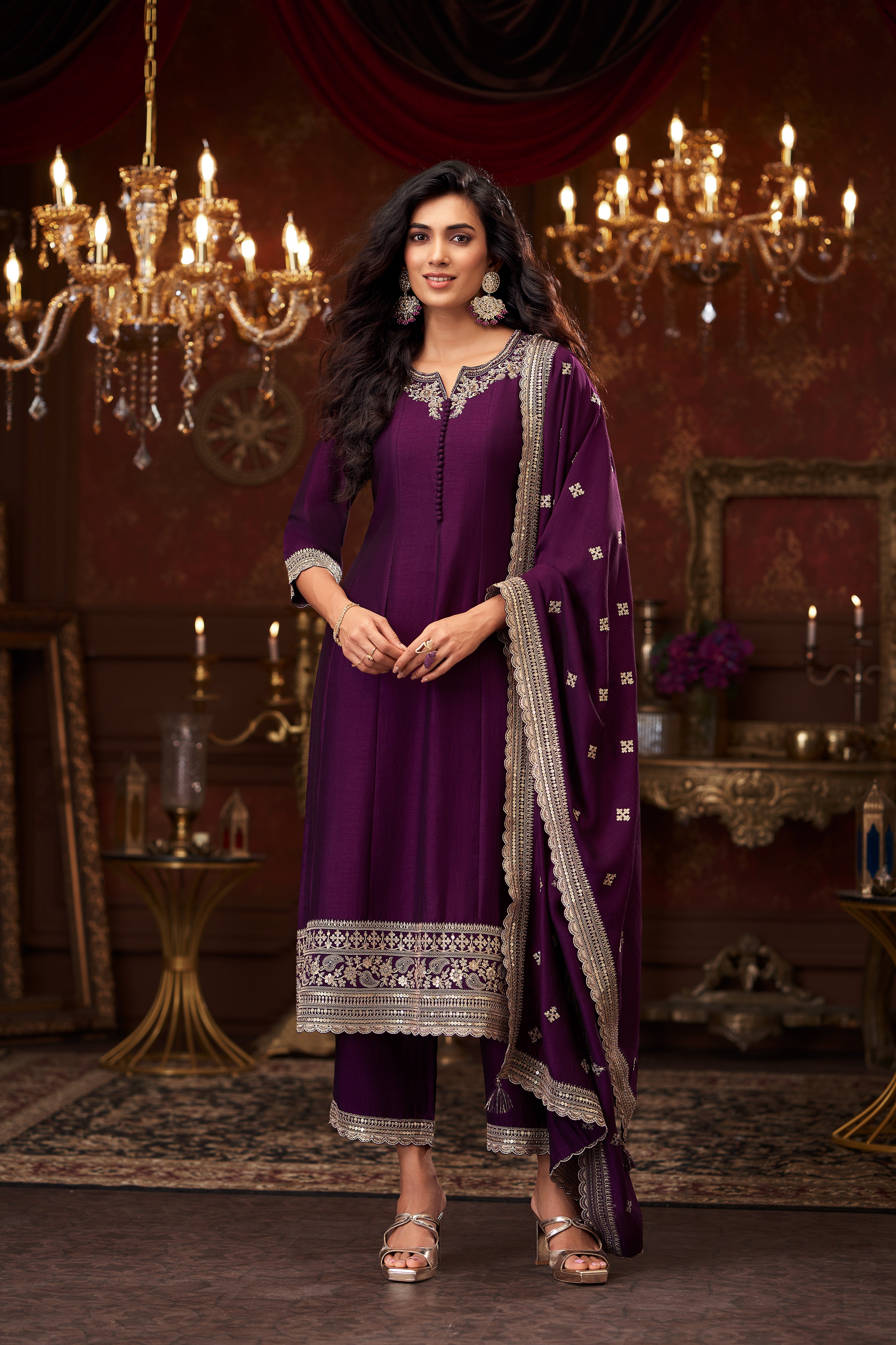 Regal Plum Embellished Premium Silk Pant Set