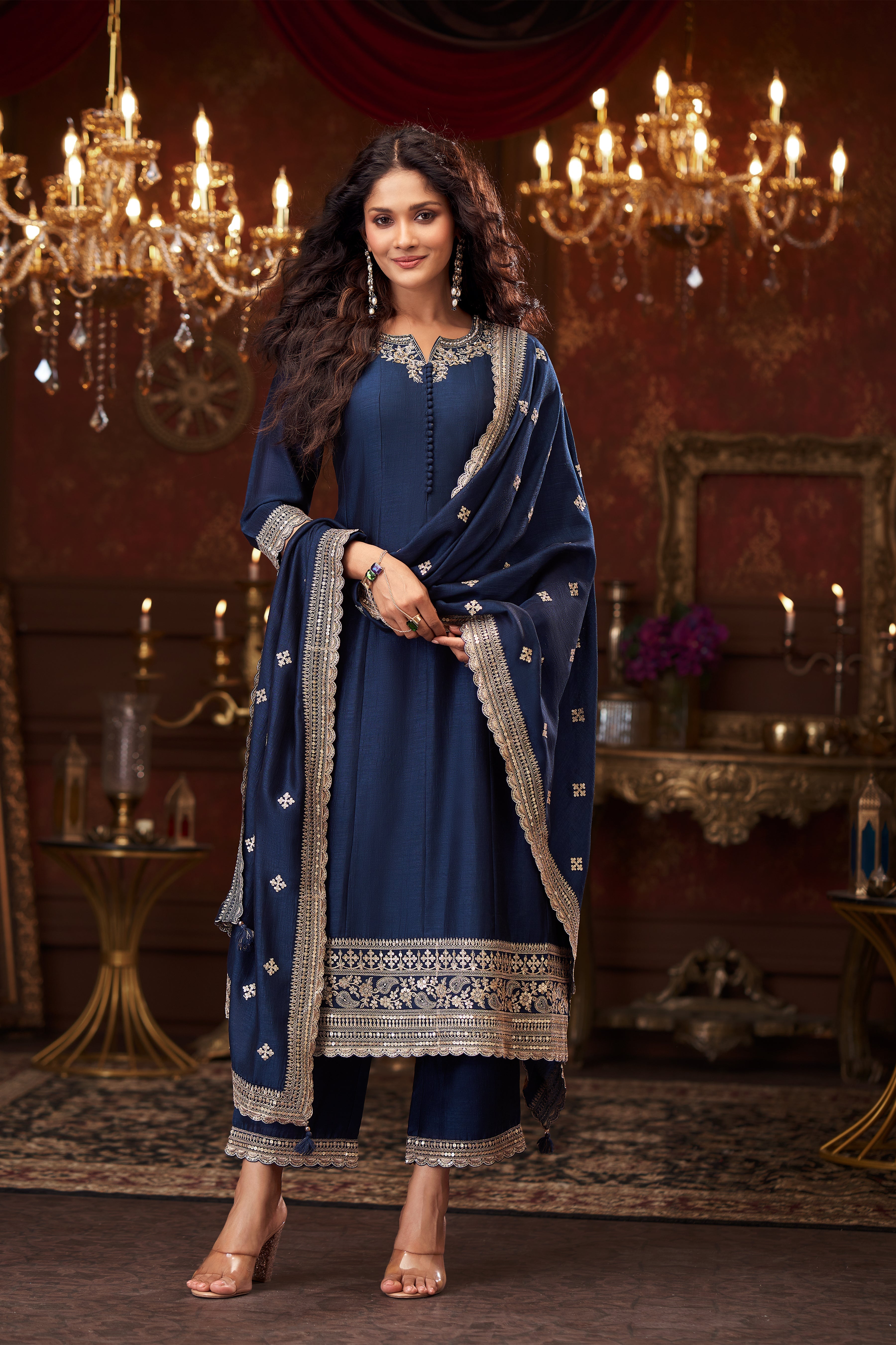 Deep Sapphire Embellished Premium Silk Pant Set