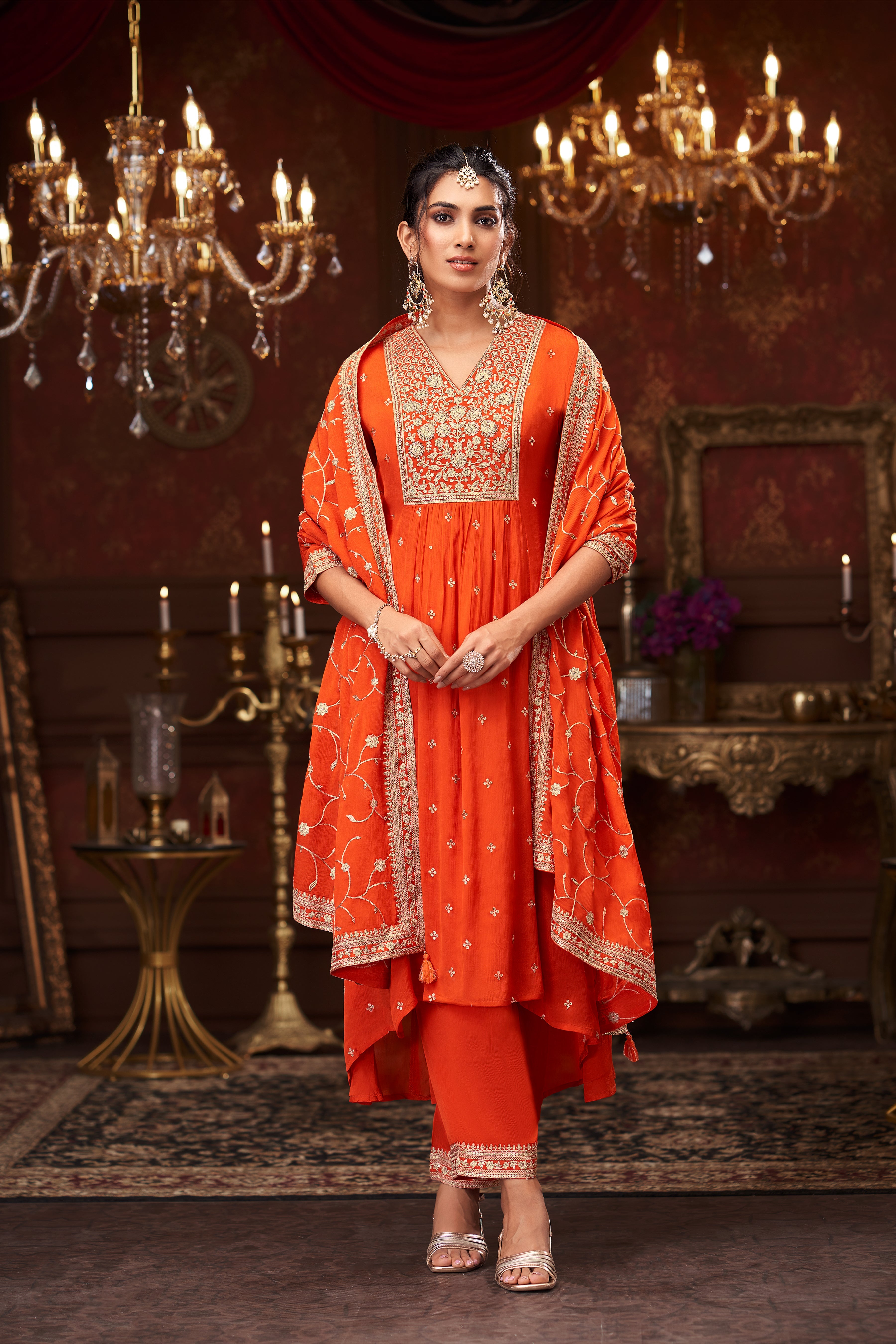 Vermillion Orange Embellished Chinon Silk Pant Set