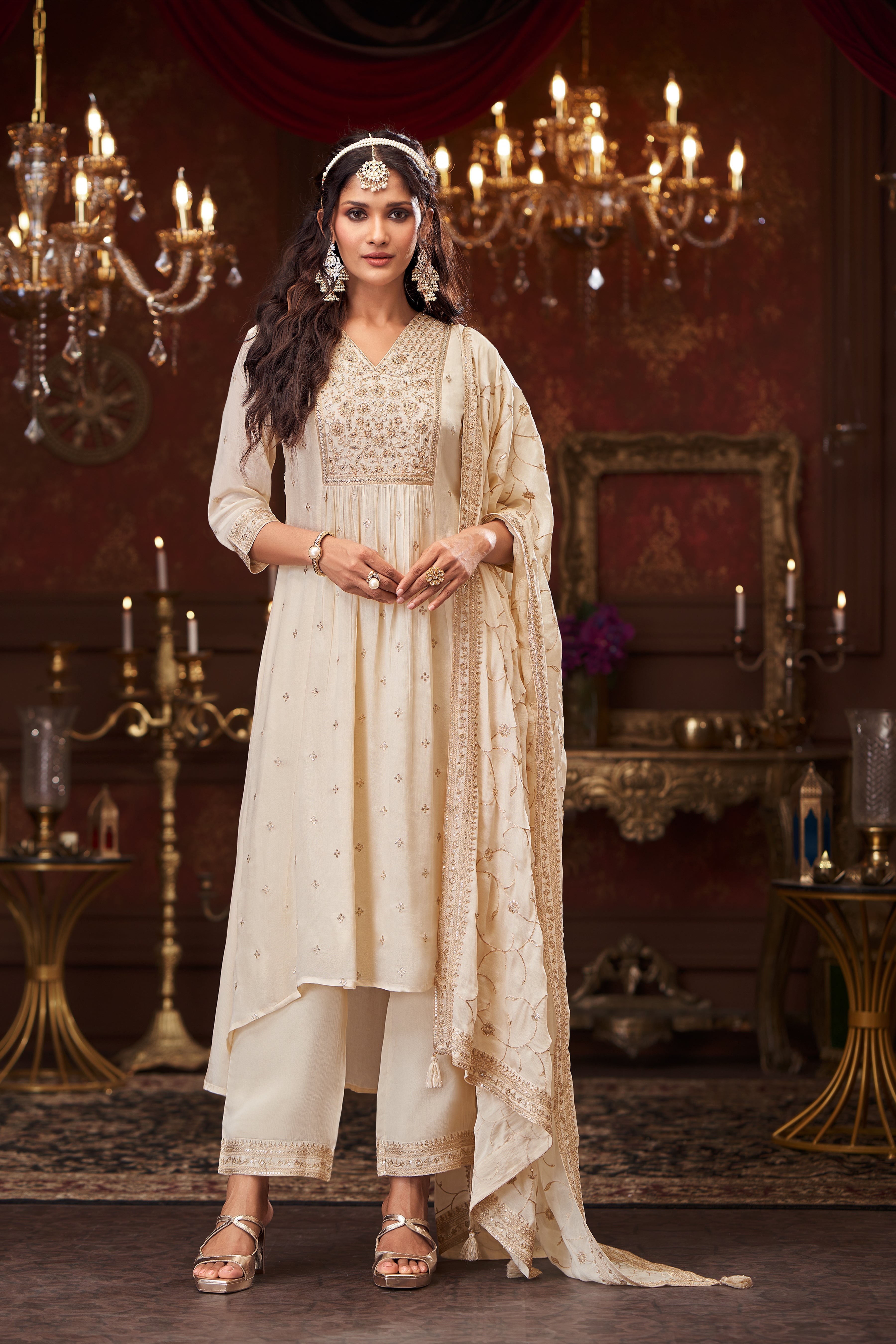 Off-White Embellished Chinon Silk Pant Set
