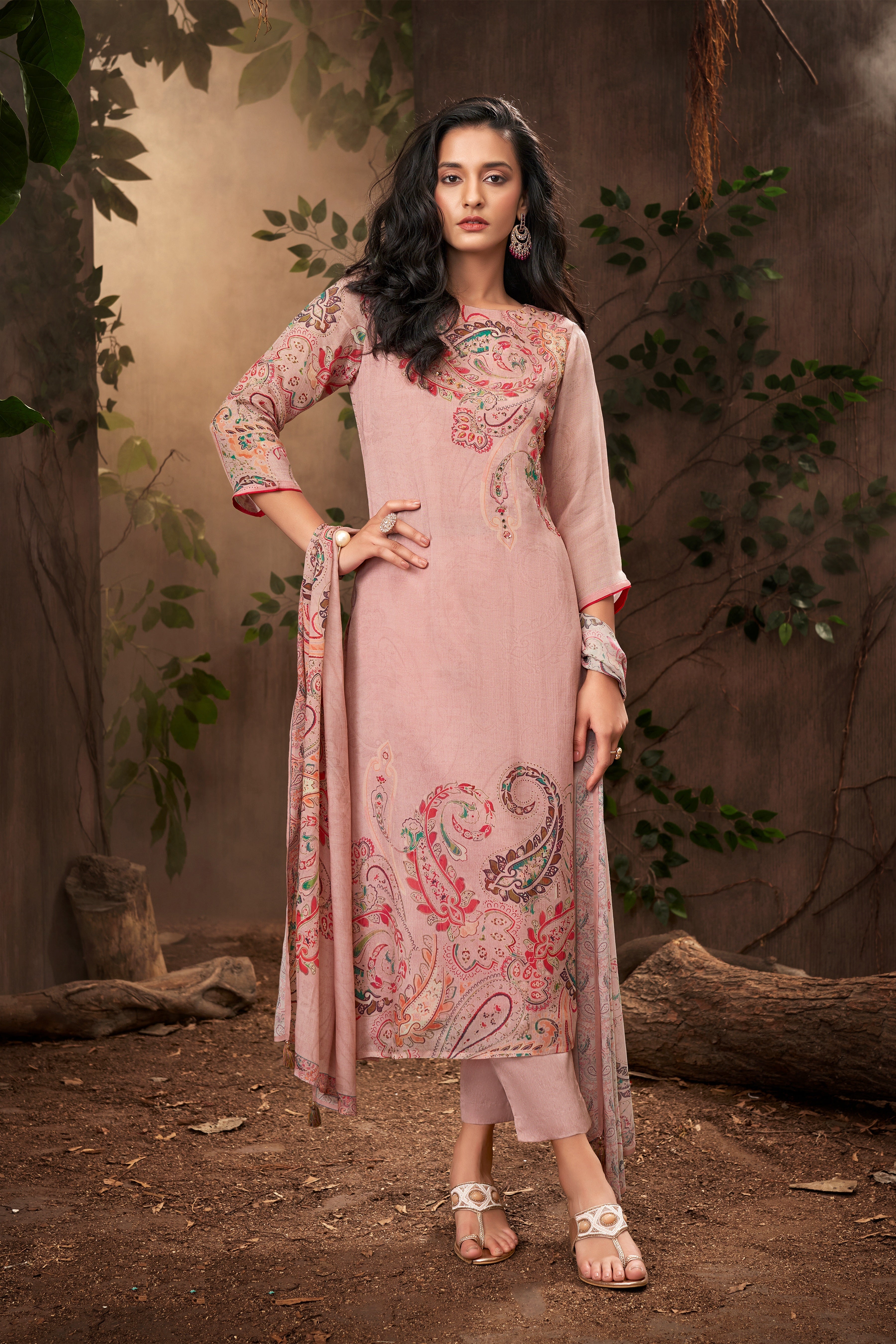 Dusty Rose Printed Chinon Silk Pant Set
