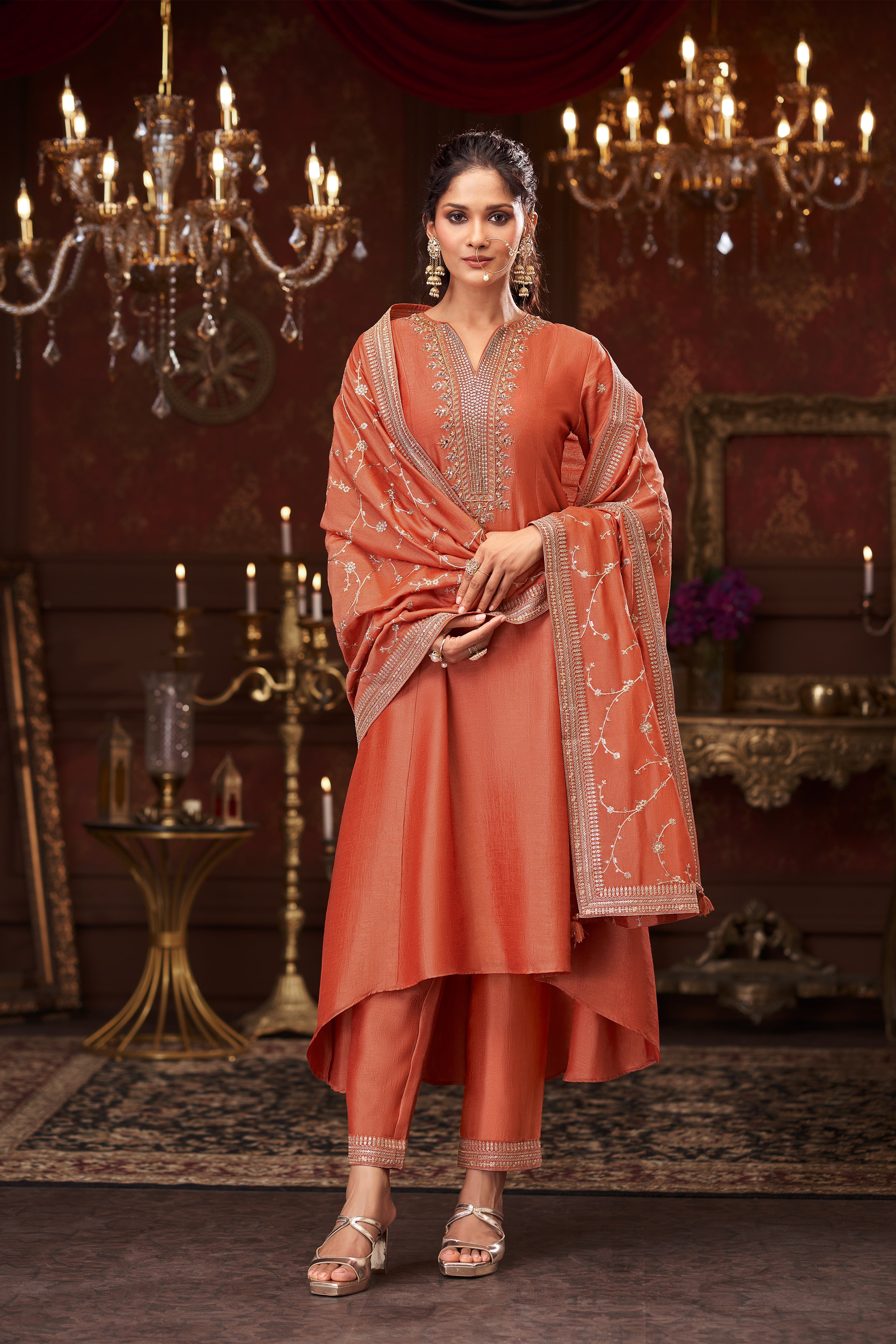 Terracotta Rust Embellished Premium Silk Pant Set