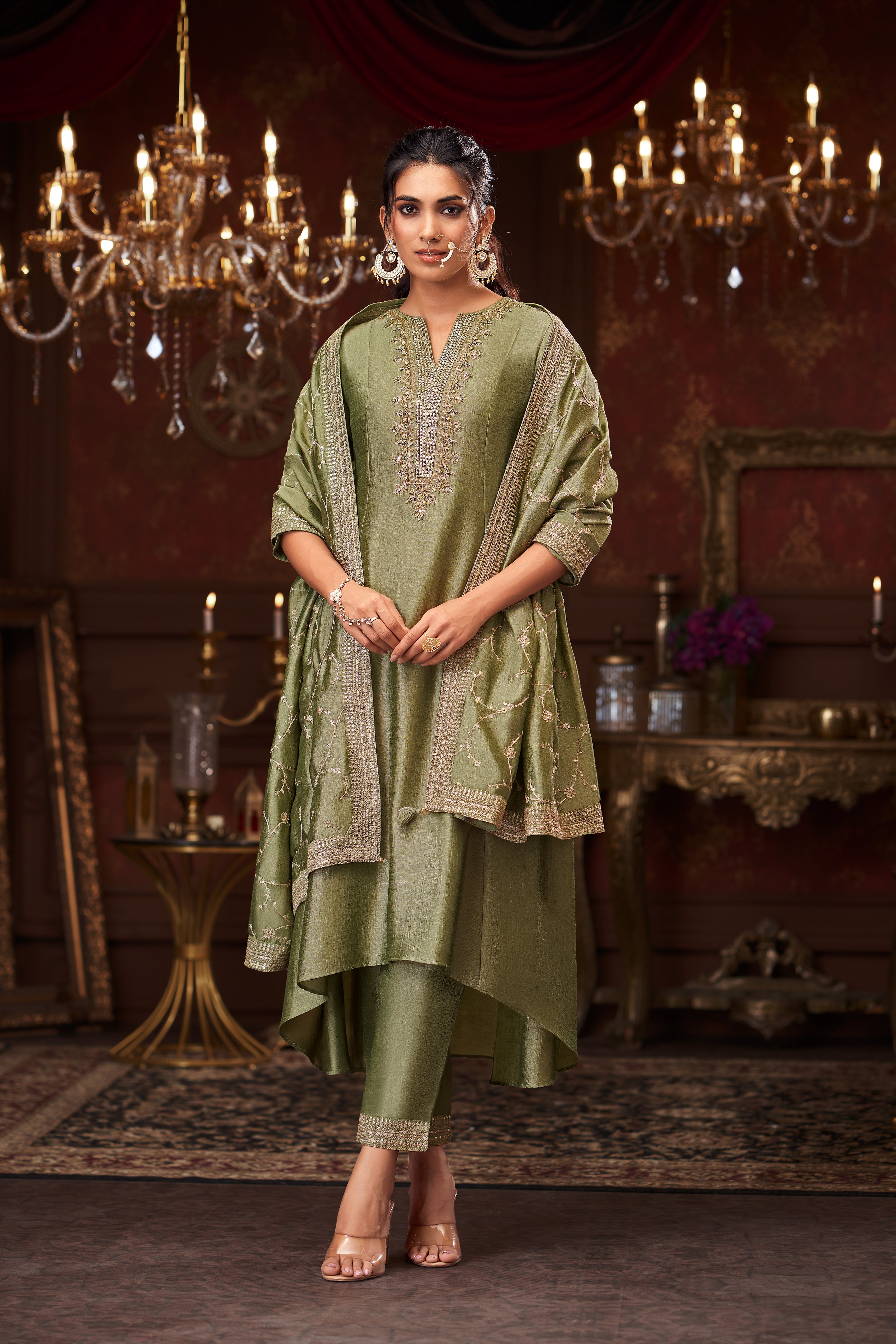 Moss Gold Embellished Premium Silk Pant Set