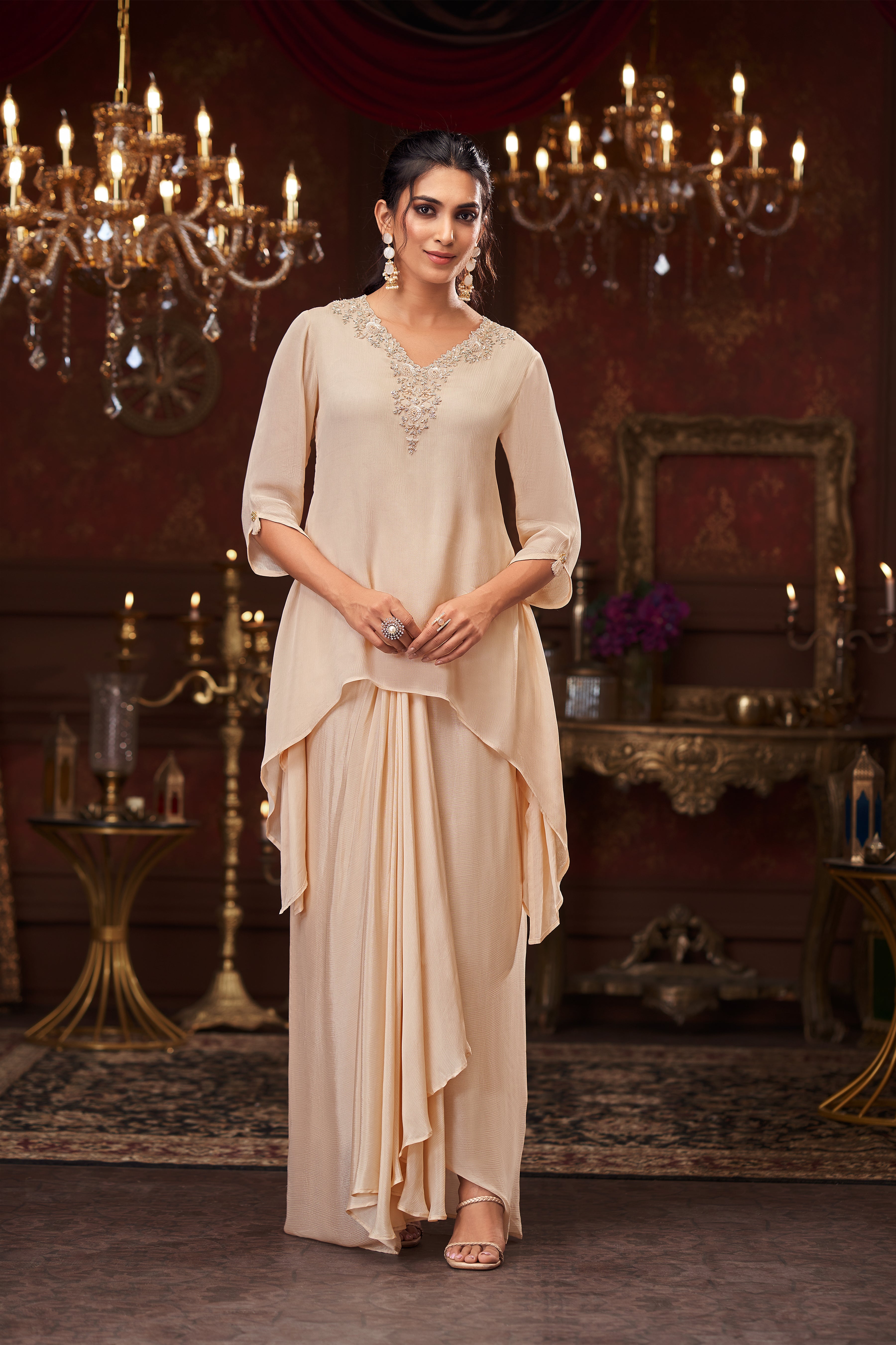 Regal Ivory Embellished Chinon Silk Skirt Set