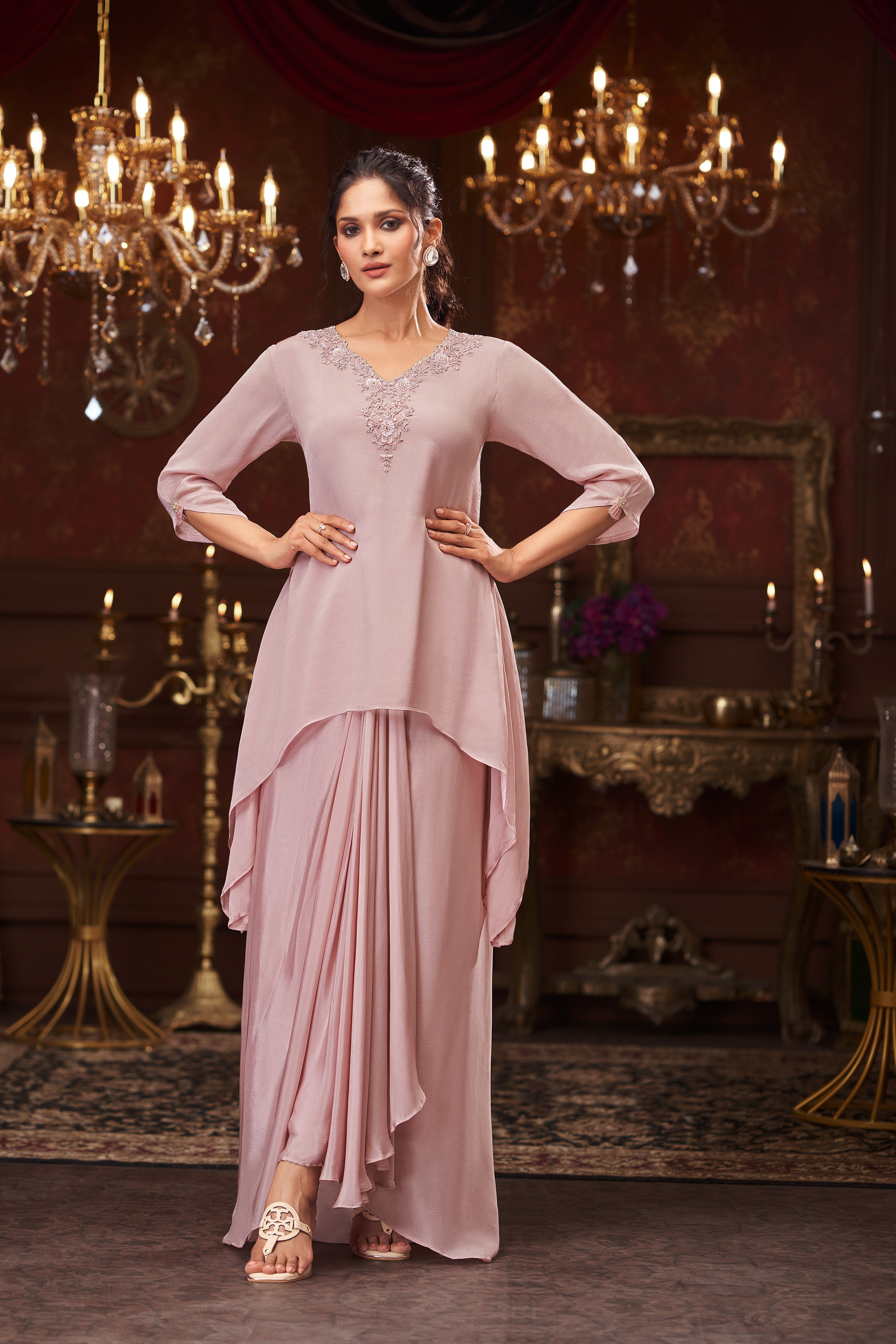Dusty Mauve Embellished Chinon Silk Skirt Set