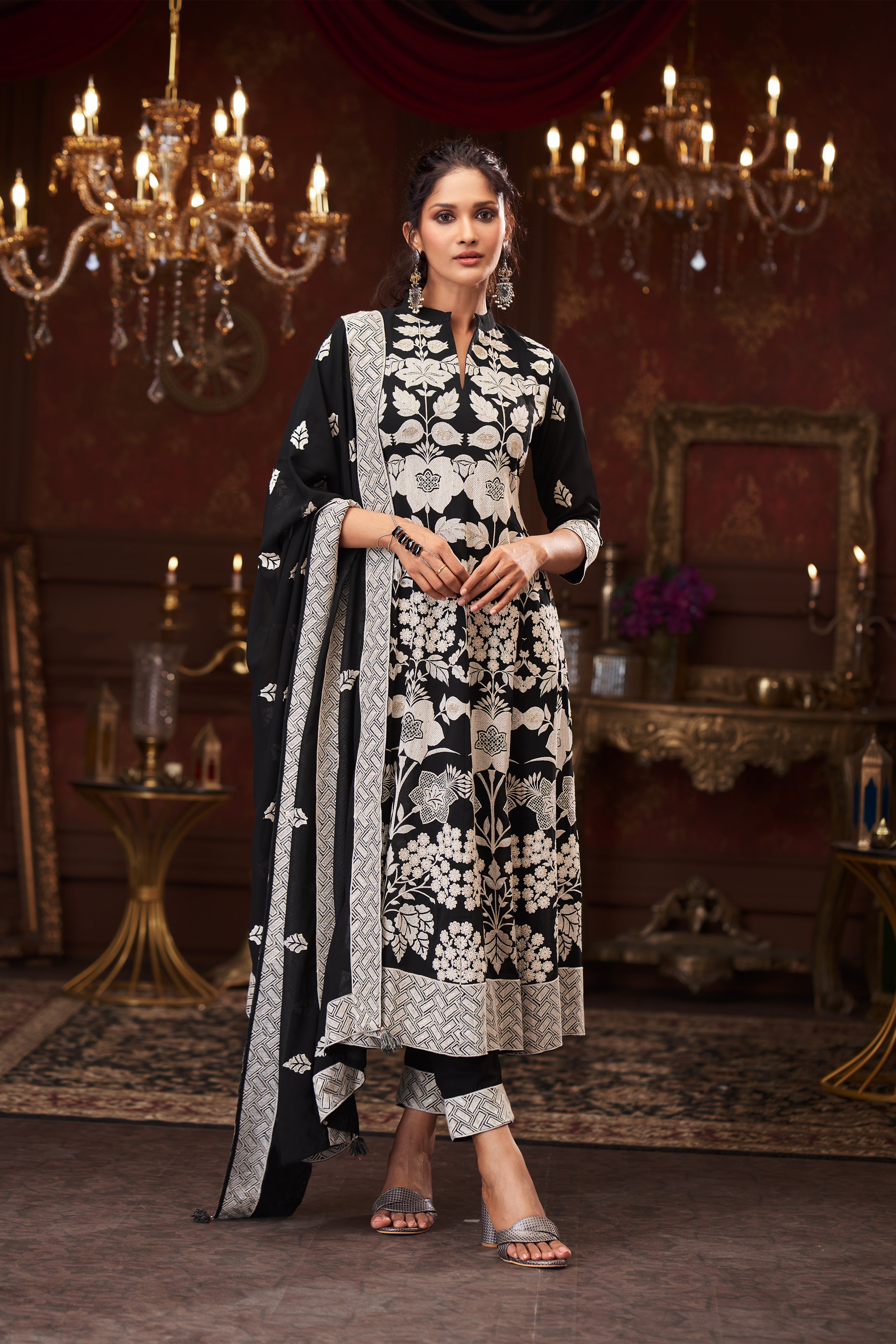 Chic Black Embroidered Georgette Silk Pant Set