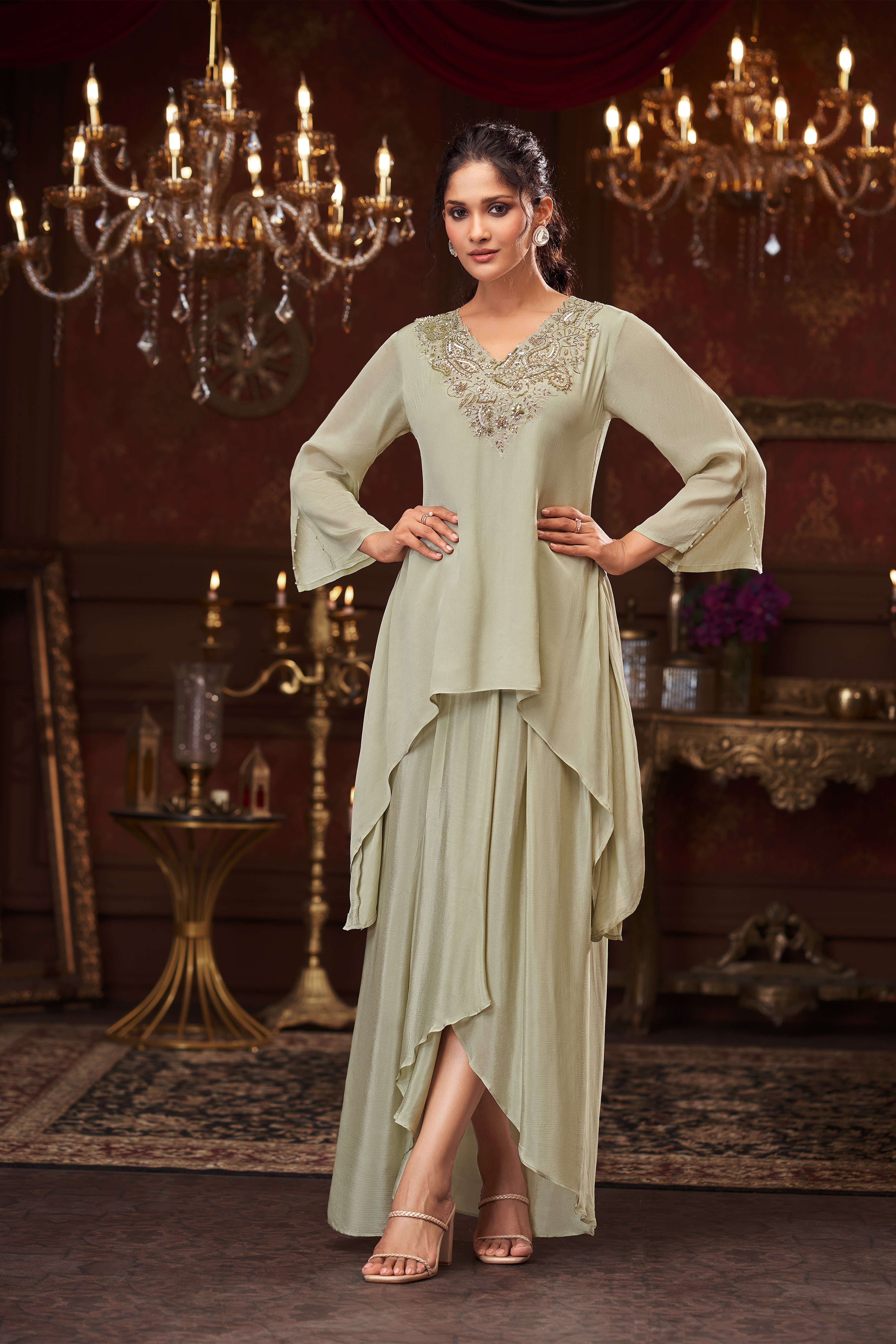 Sage Green Embellished Chinon Silk Skirt Set