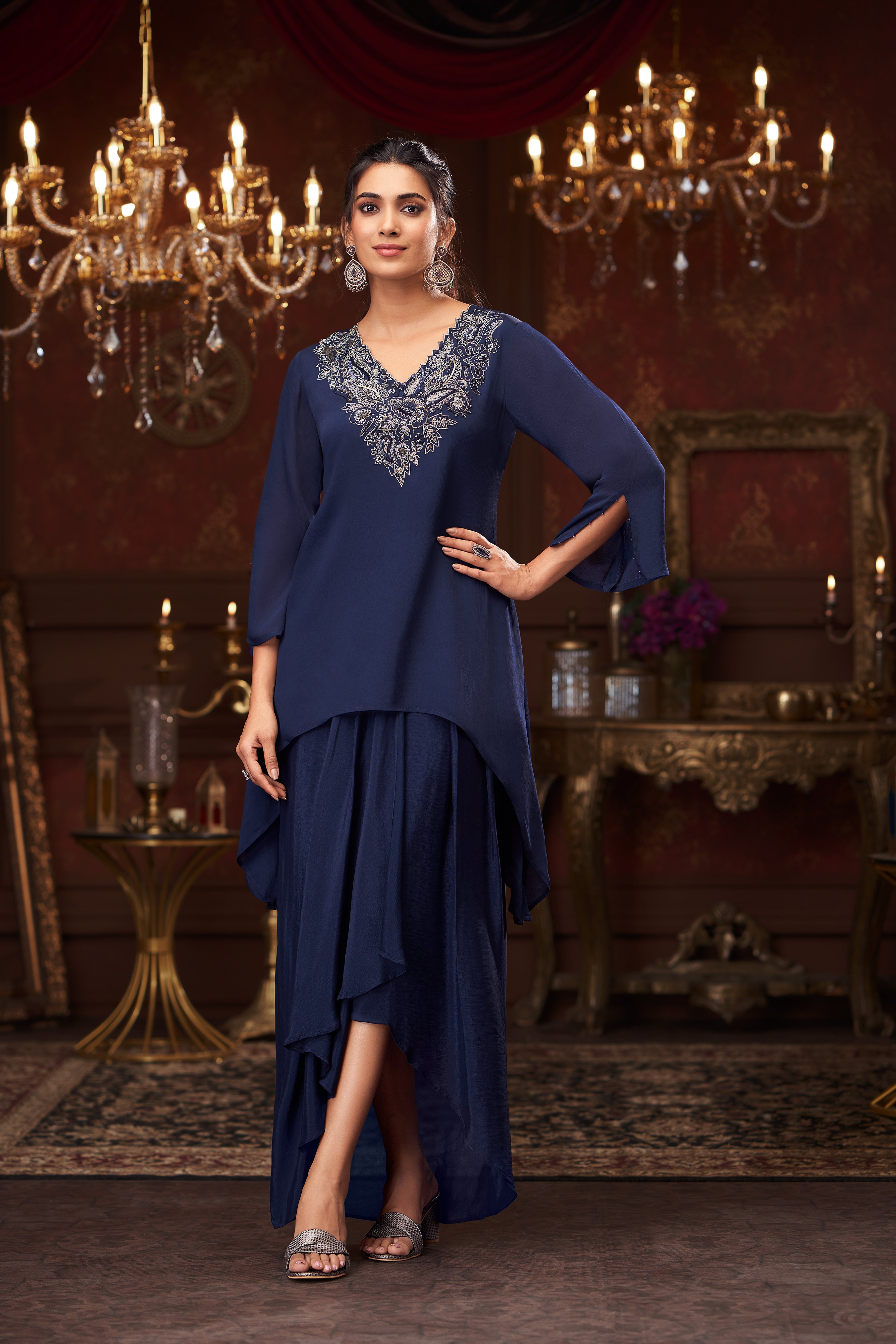 Navy Blue Embellished Chinon Silk Skirt Set