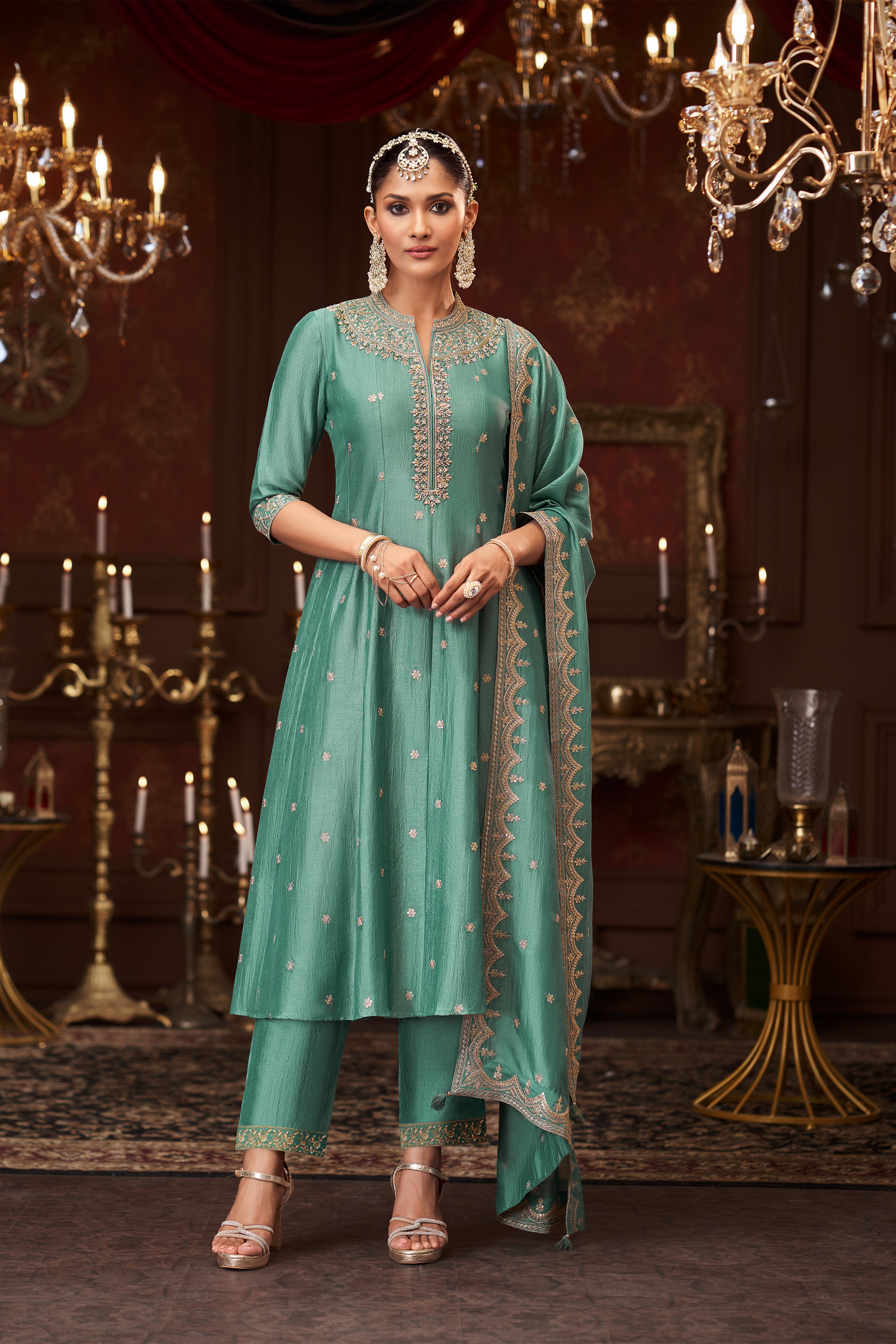 Powder Blue Embellished Premium Silk Pant Set