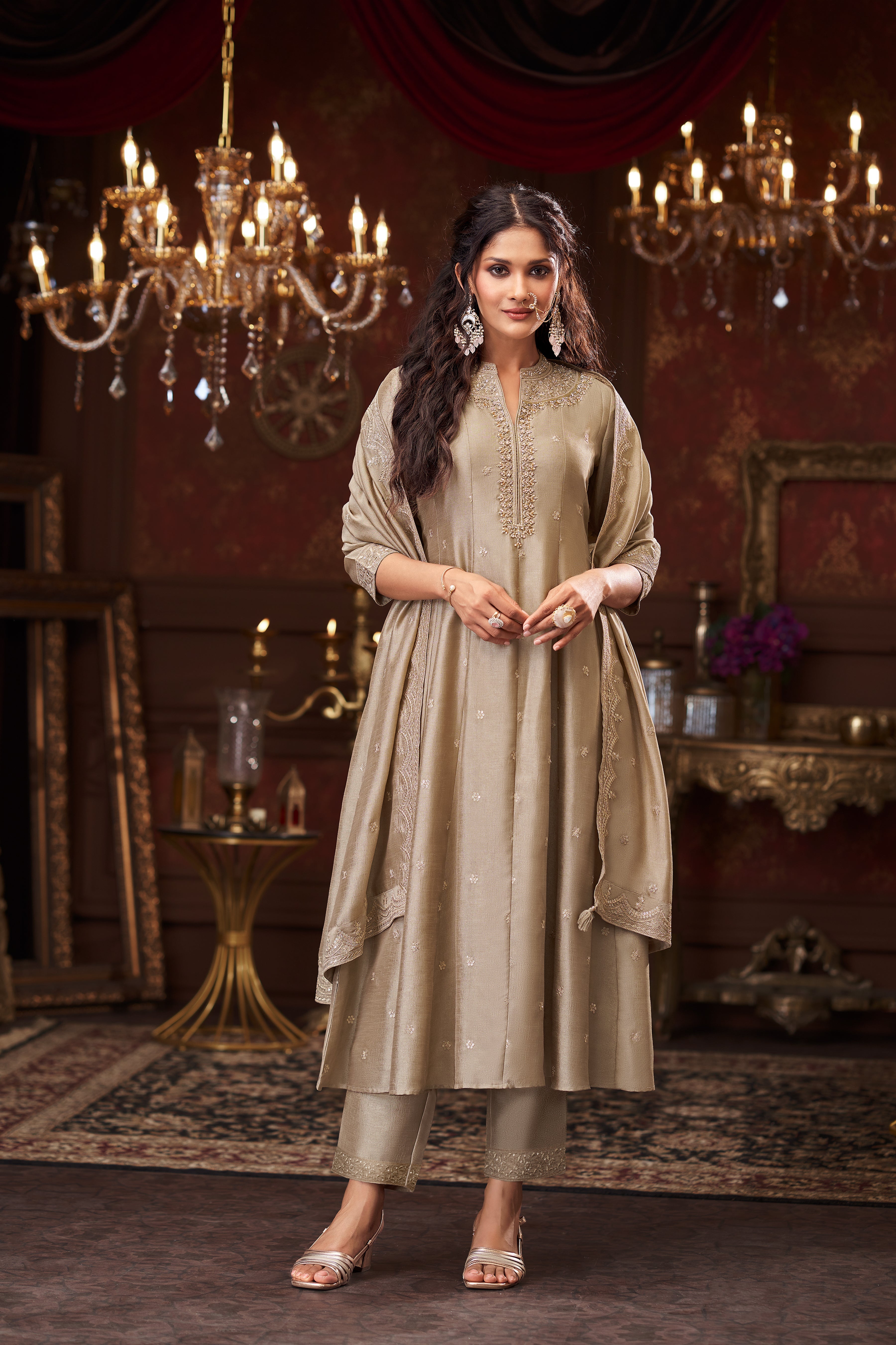 Dusty Beige Embellished Premium Silk Pant Set