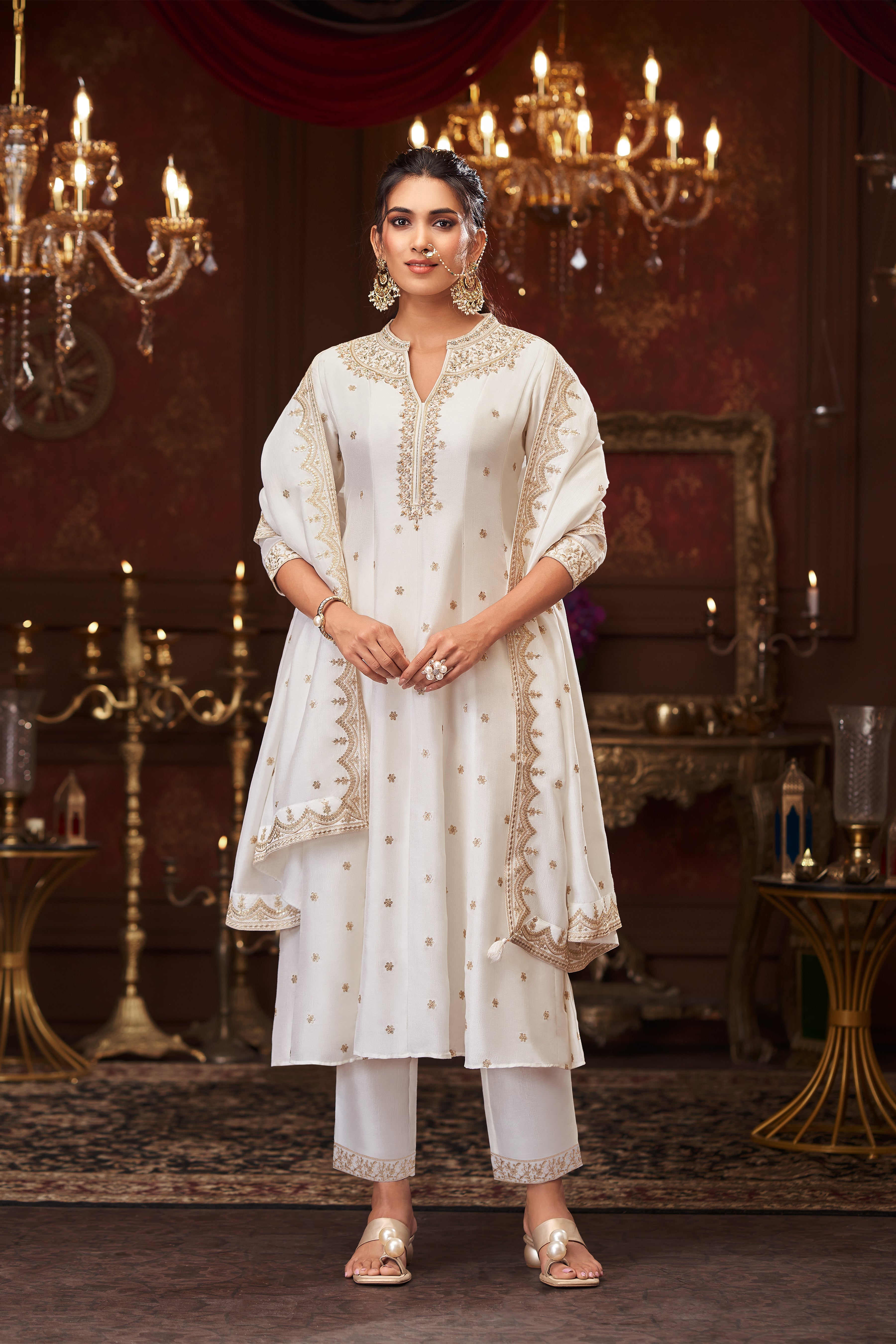 Classic White Embellished Premium Silk Pant Set