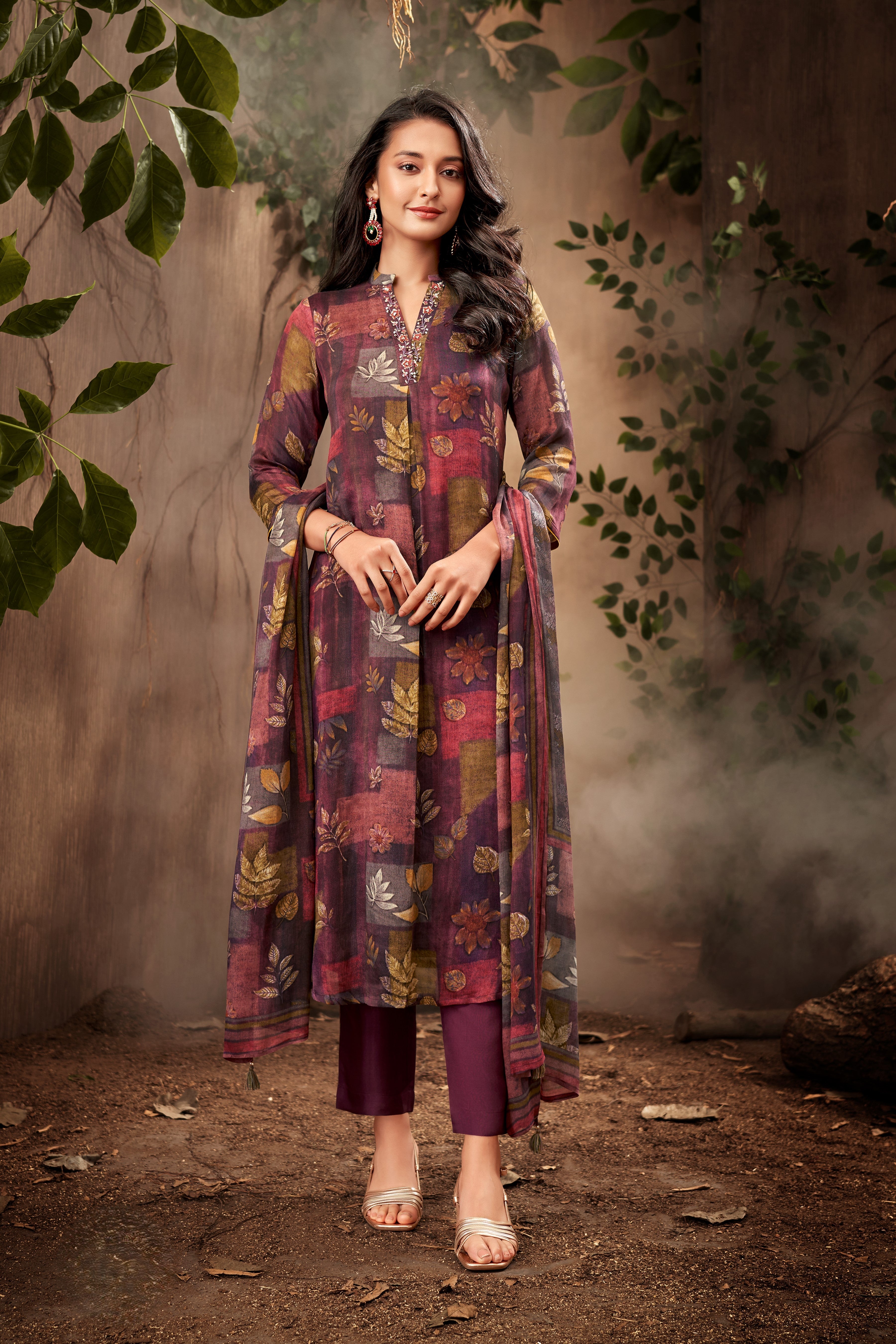 Wine Printed Chinon Silk Pant Set