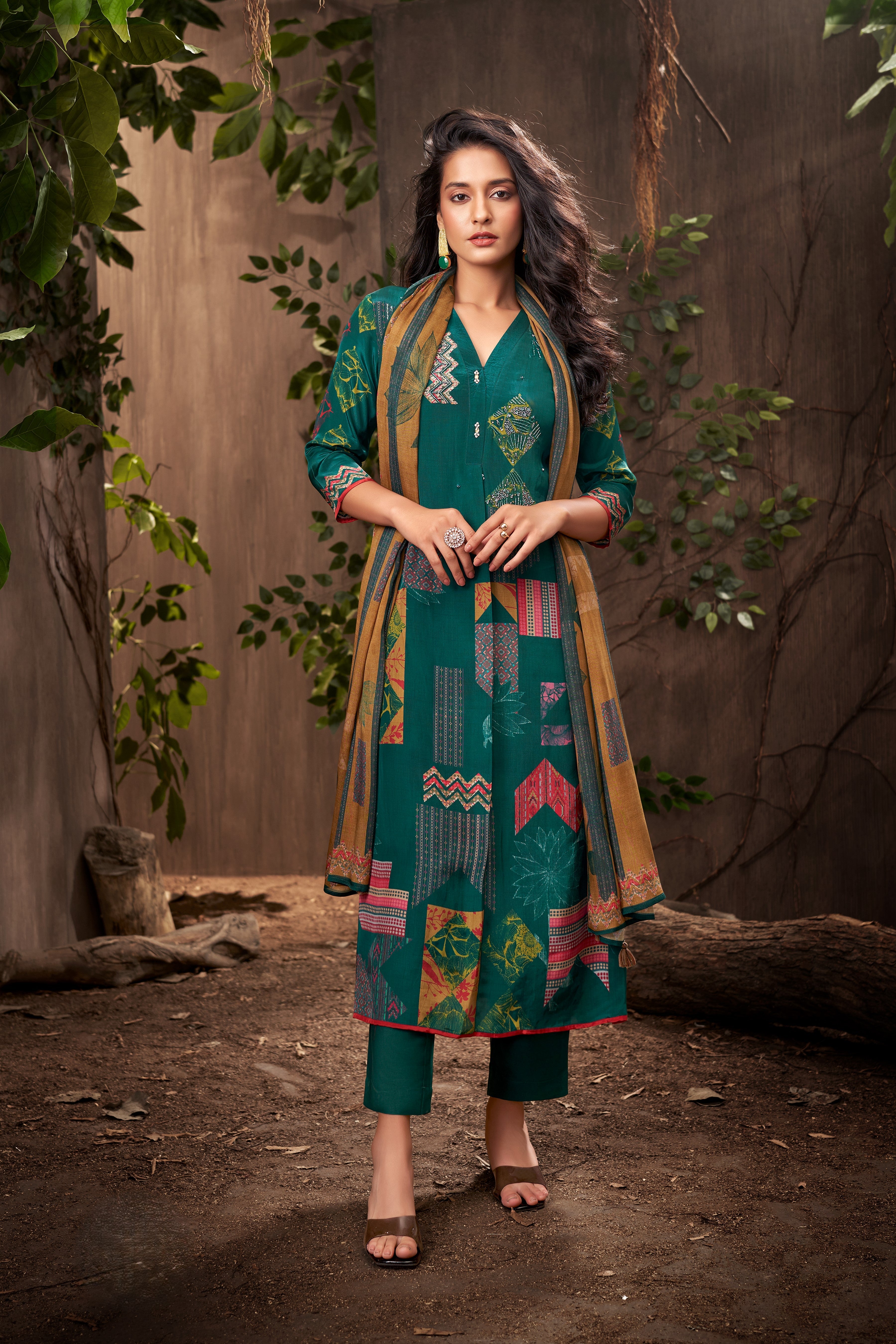 Teal Green Geometric Print Crepe Silk Pant Set