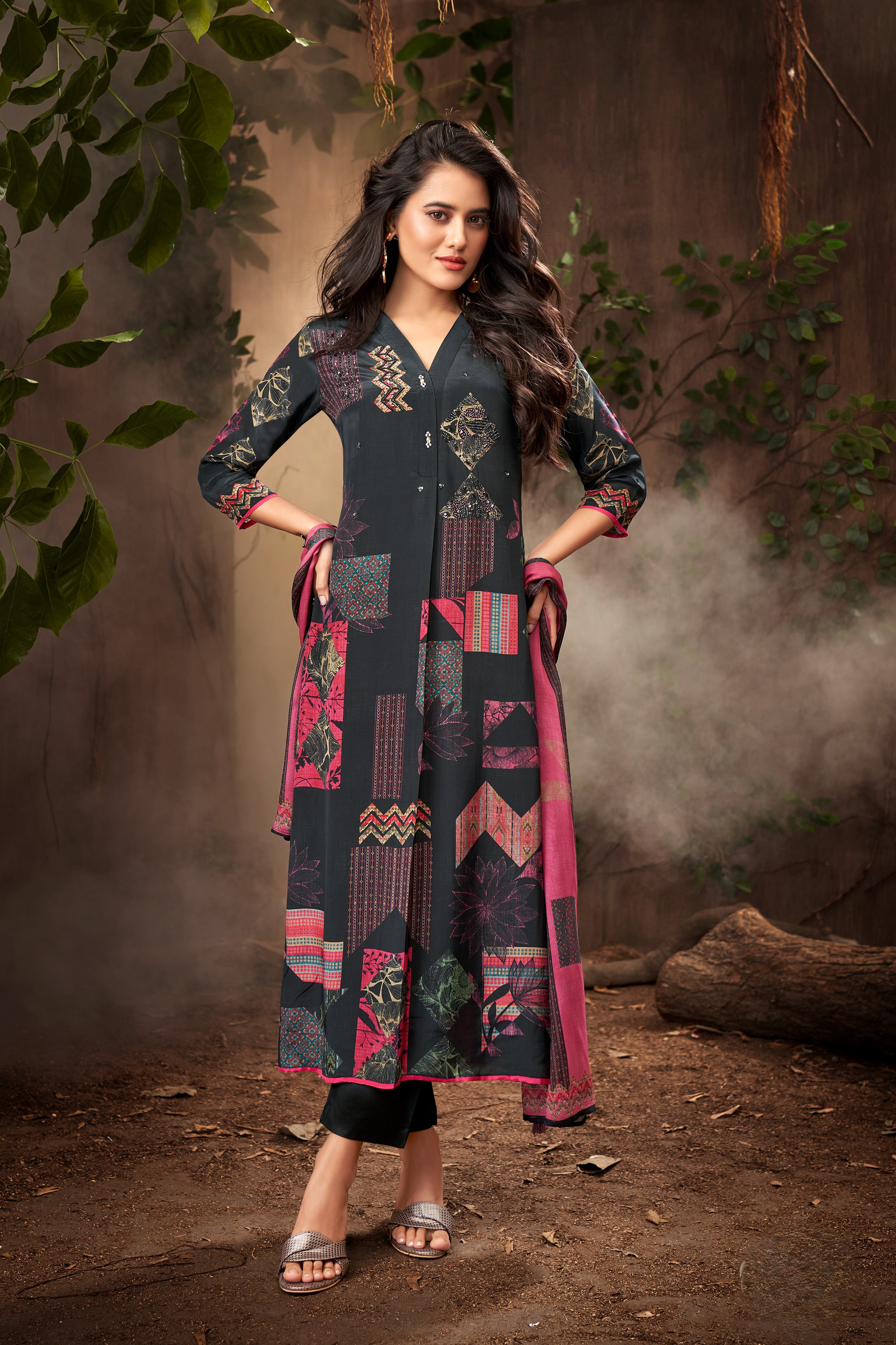 Charcoal Grey Geometric Print Crepe Silk Pant Set