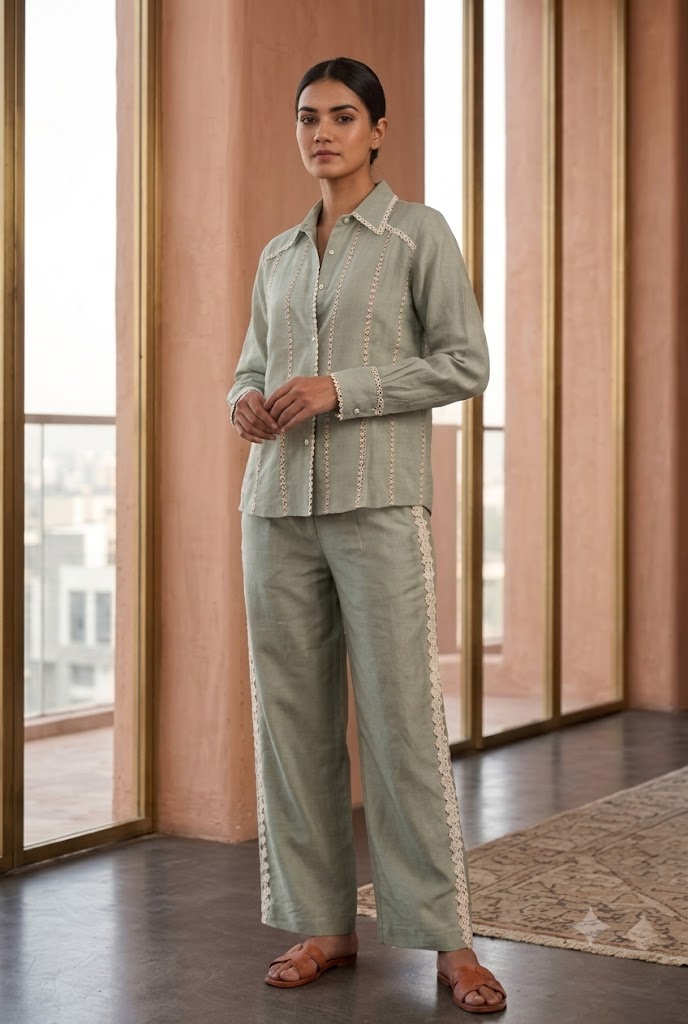 Seafoam Green Embroidered Chanderi Silk Co-Ord Set