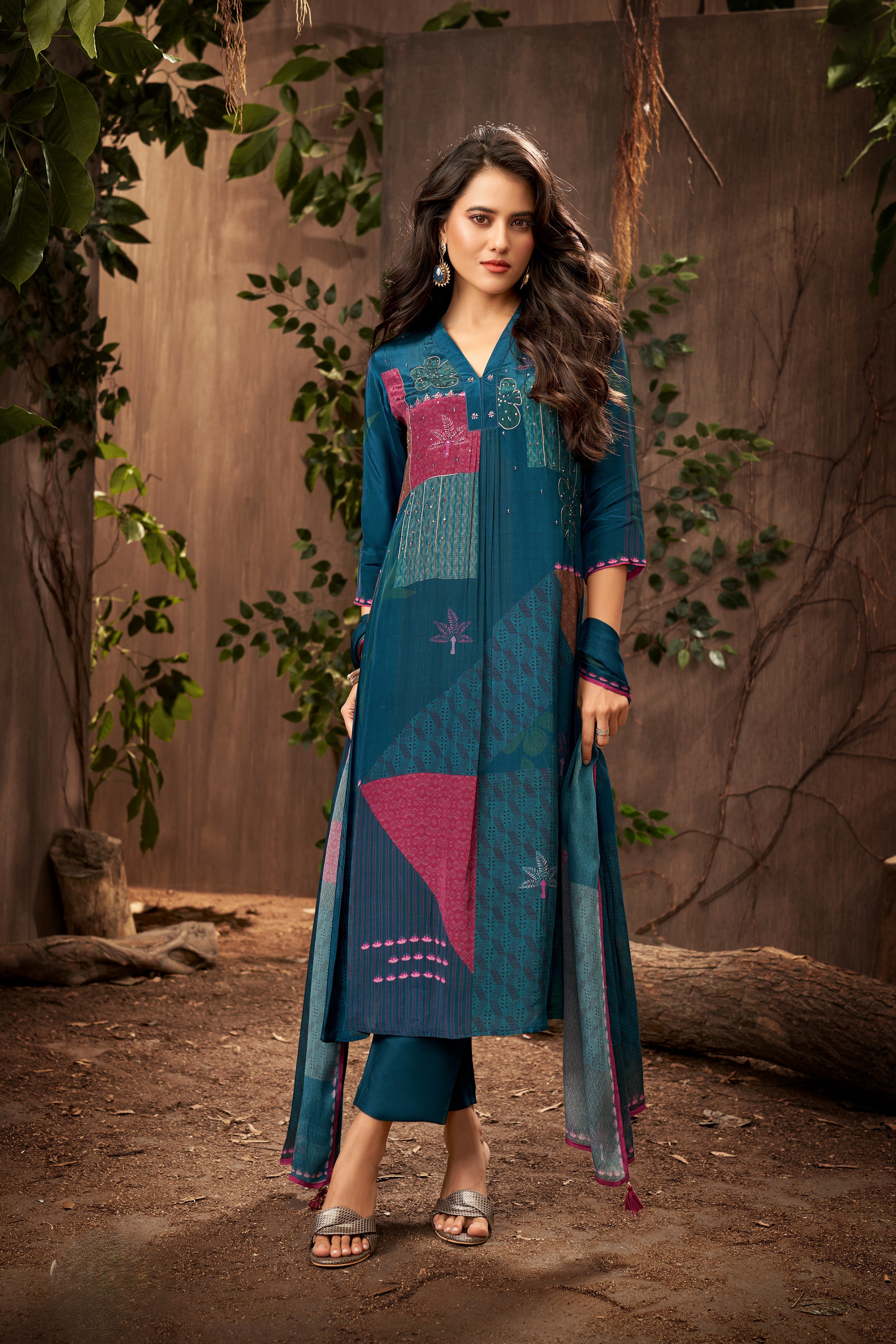 Deep Teal Printed Satin Silk Pant Set
