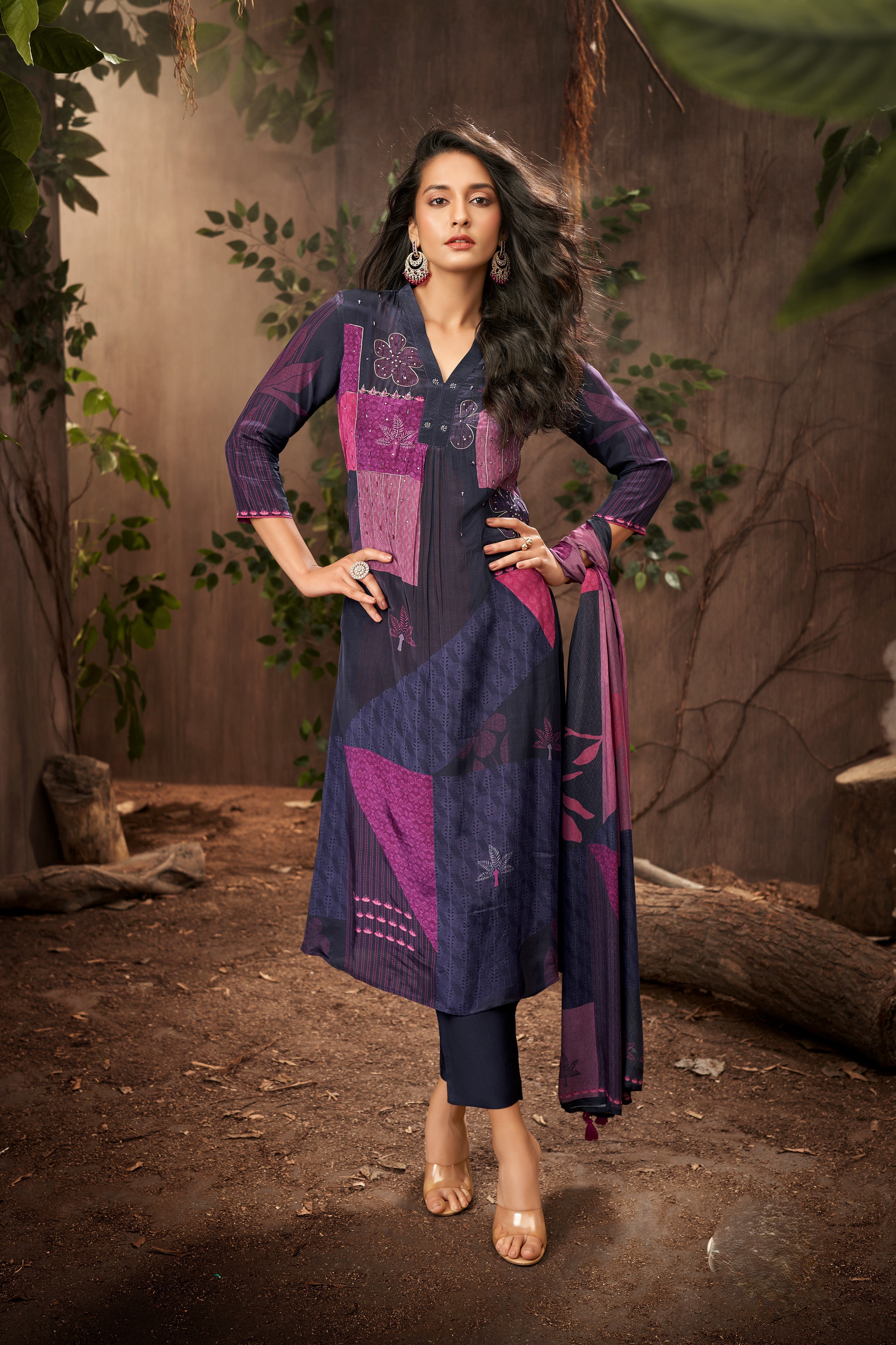 Orchid Purple Printed Satin Silk Pant Set
