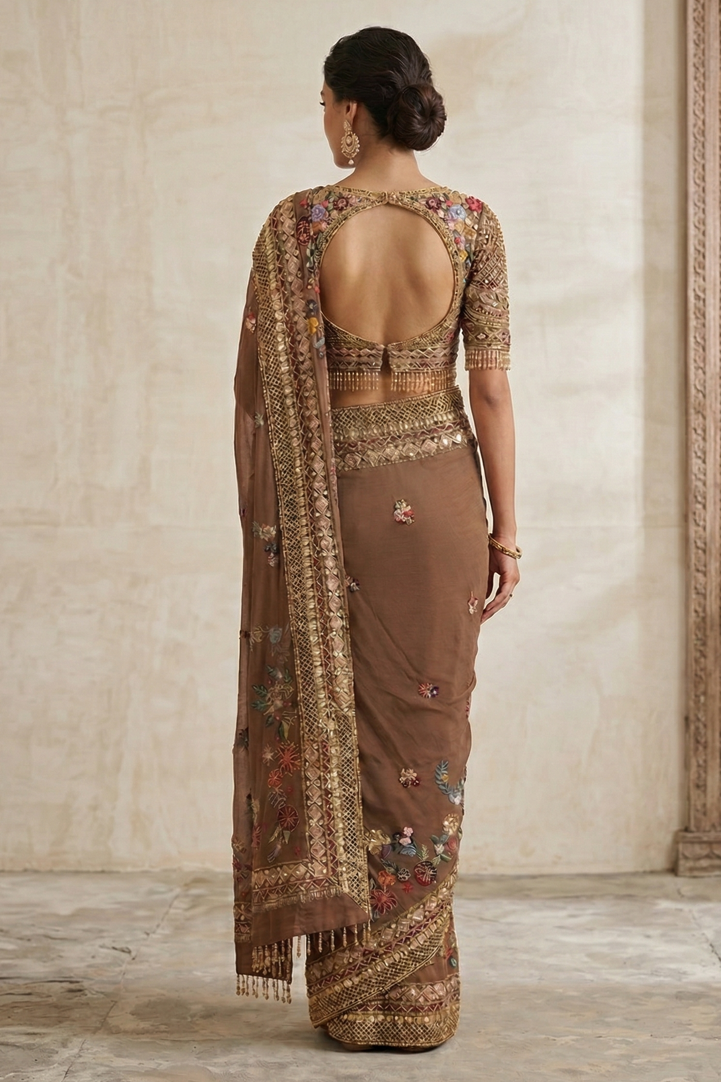 Mocha Blossom Embellished Premium Georgette Saree