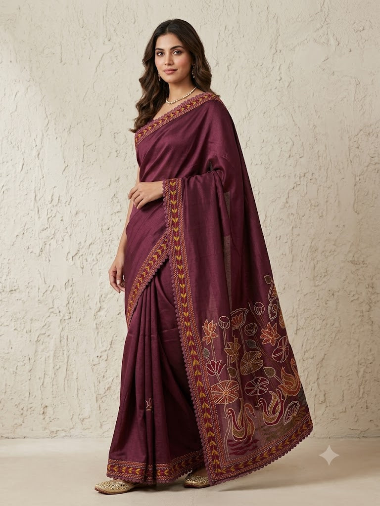 Mahogony Kantha Pure Tussar Silk Saree