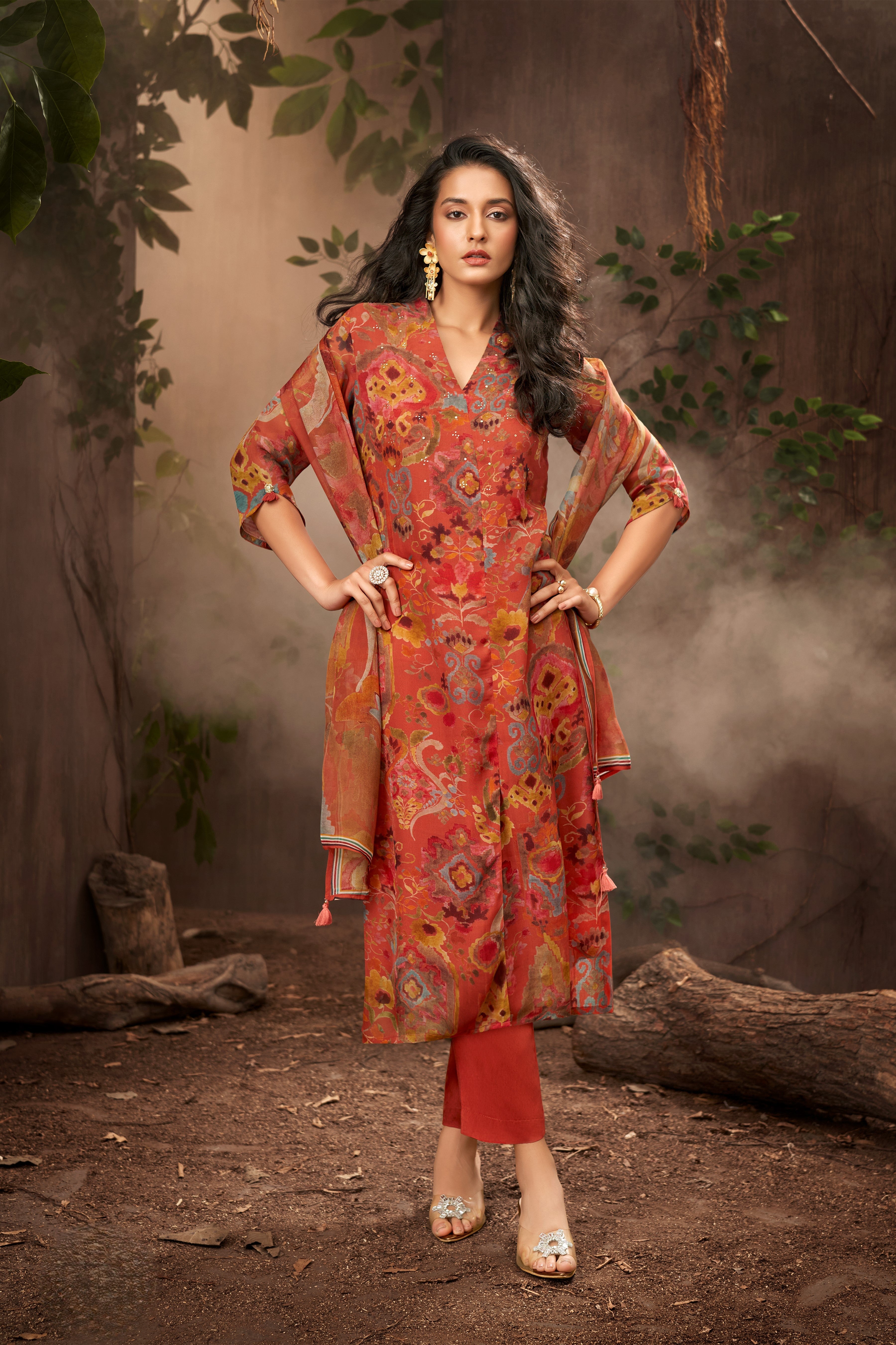 Rust Orange Embellished Organza Silk Pant Set