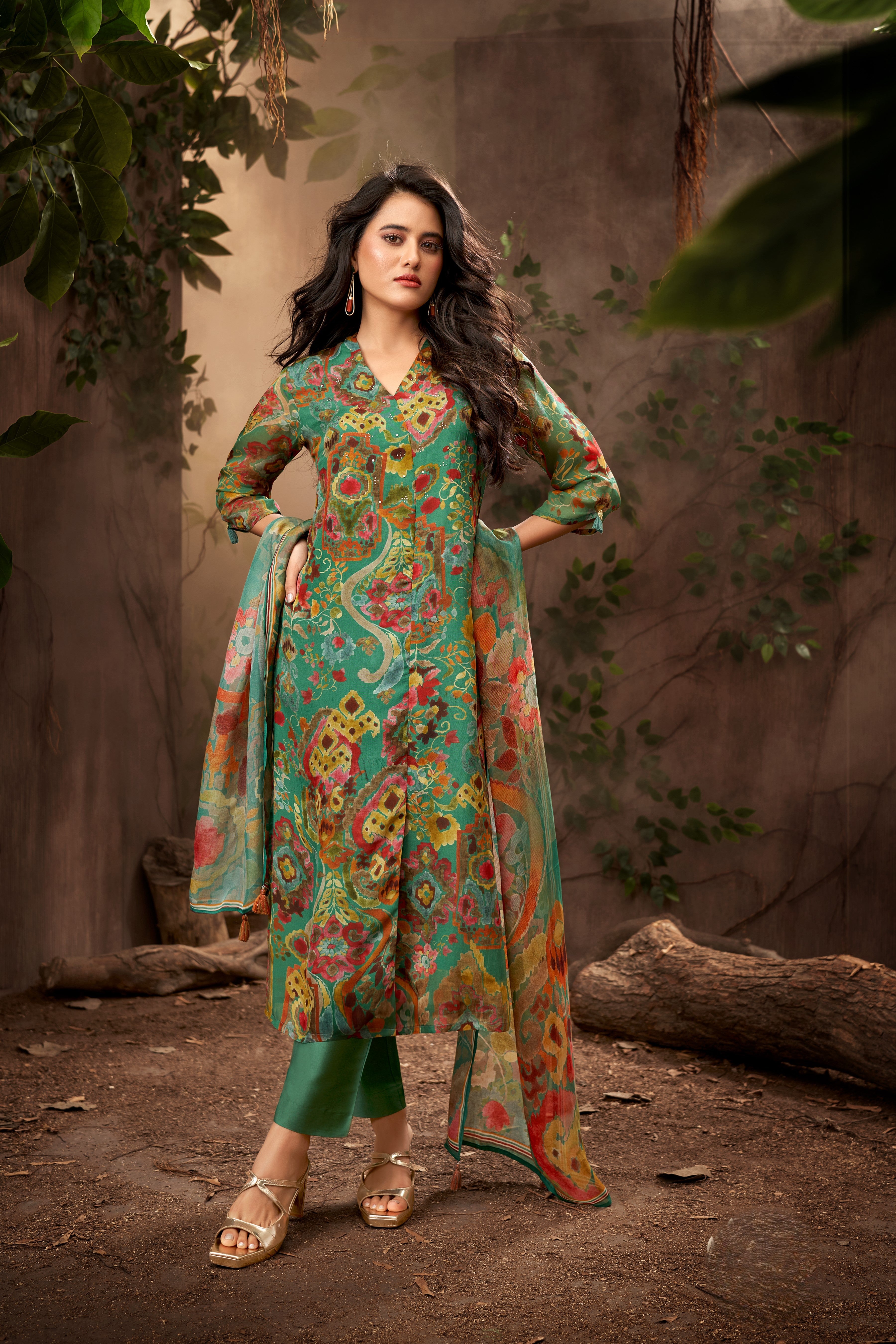 Aqua Green Embellished Organza Silk Pant Set