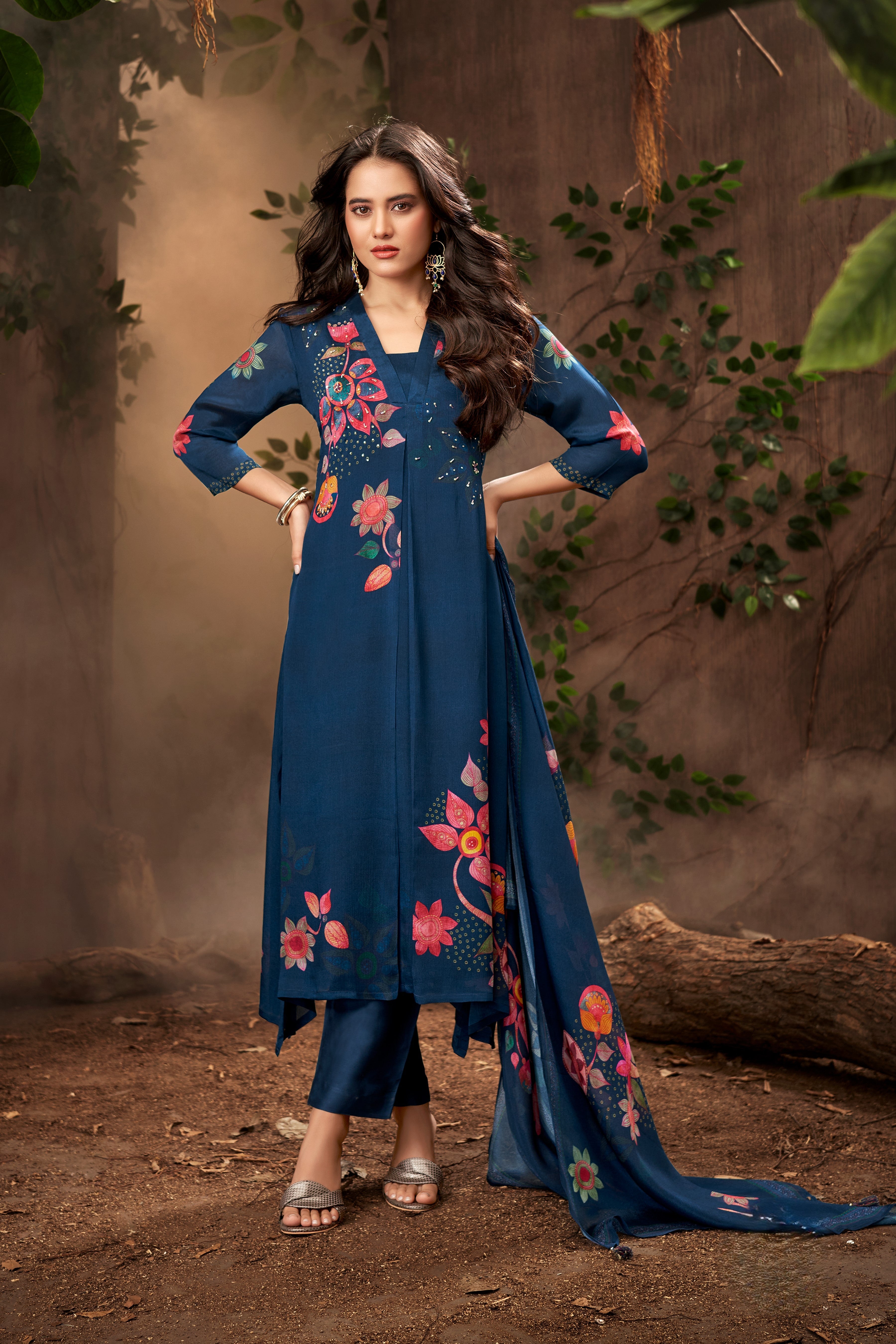 Deep Navy Printed Chinon Silk Pant Set