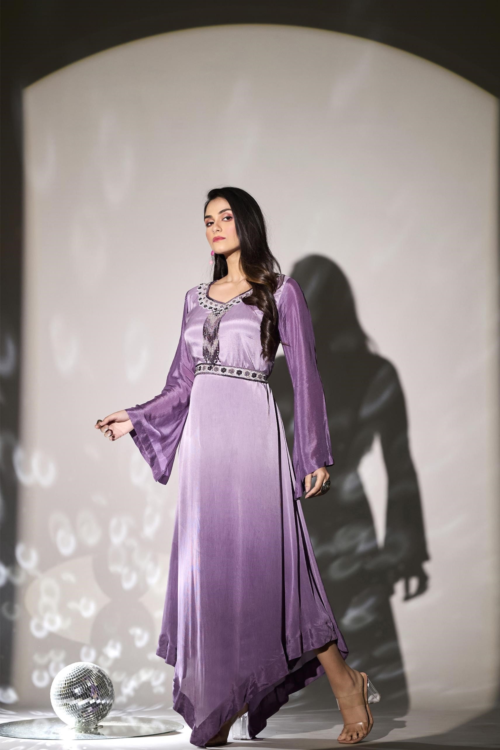 Pastel Purple Embellished Premium Chinon Silk Gown