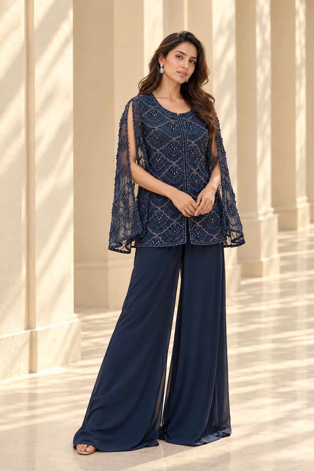 Midnight Blue Beaded Georgette Silk Co-ord Set