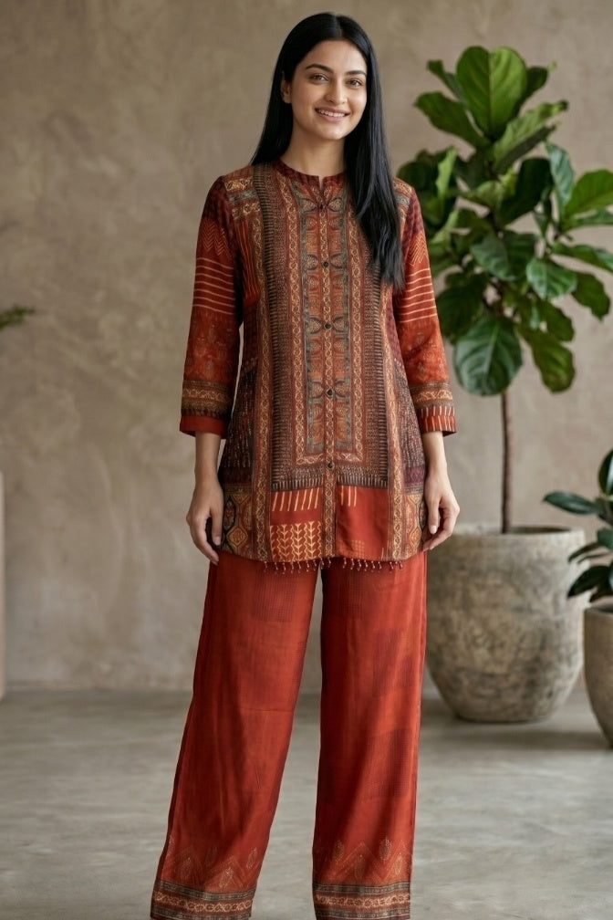 Rust Brown Printed Crepe Silk Co-Ord Set