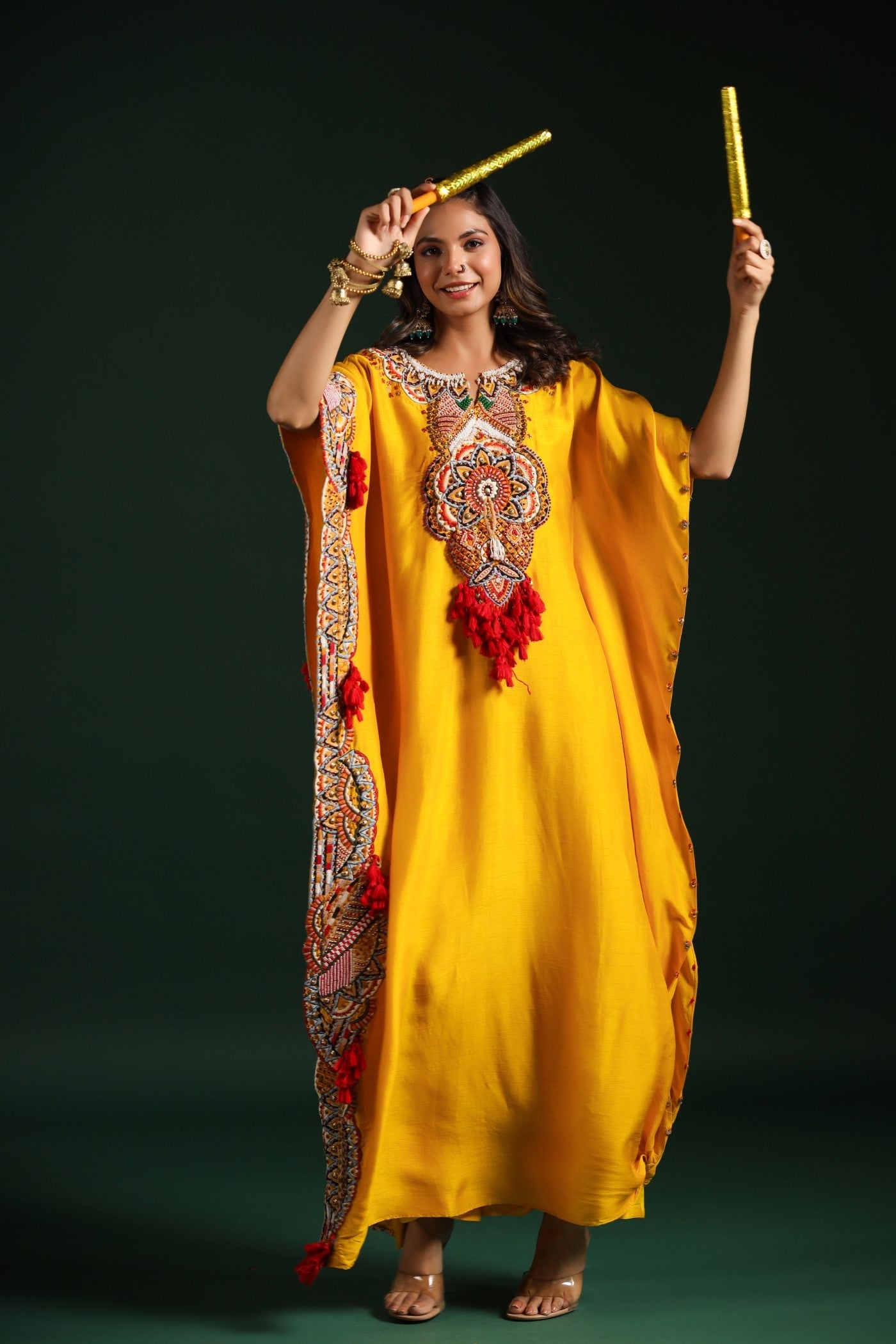 Festive Yellow Embellished Kaftan Pants Set