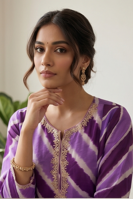Purple Leheriya Embroidered Suit Set