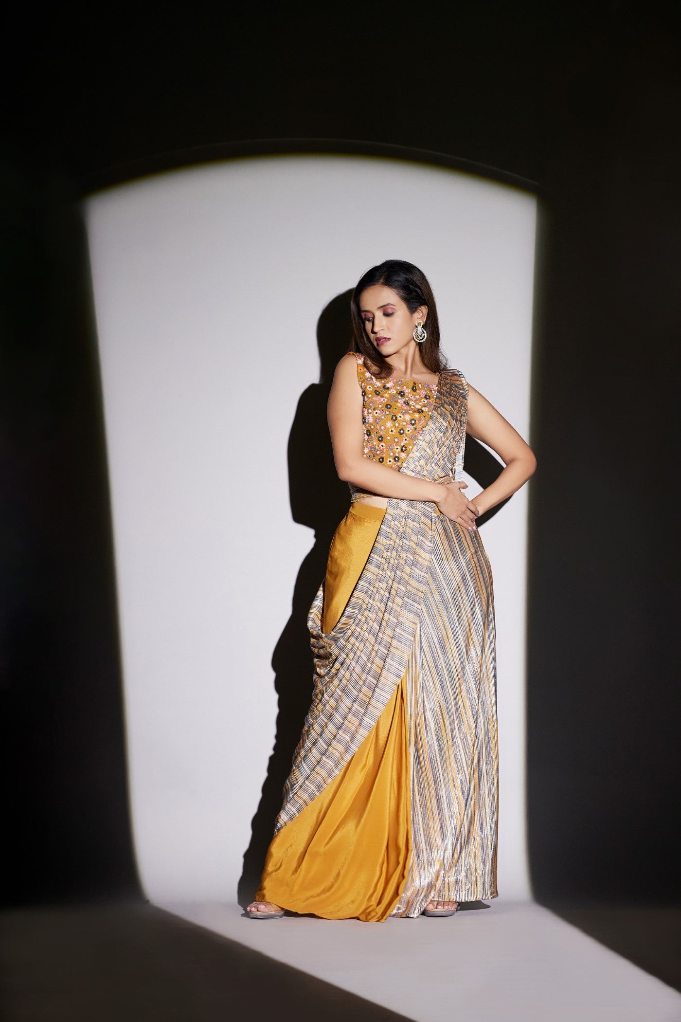 Mustard Floral Embroidered Pure Crepe Draped Saree